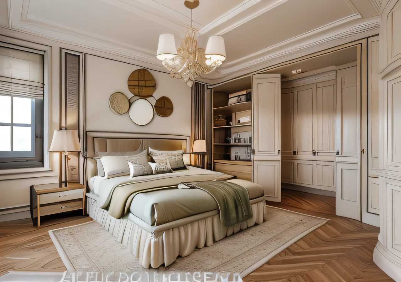 ((indoor neo classical bedroom scene.)), morden bedroom (about bedroom:1.3), (realistic), (masterpiece), super-detailed, ultra-realistic, (full detail), (high quality), (8k), (4k), 1 window from the wall to the ceiling.