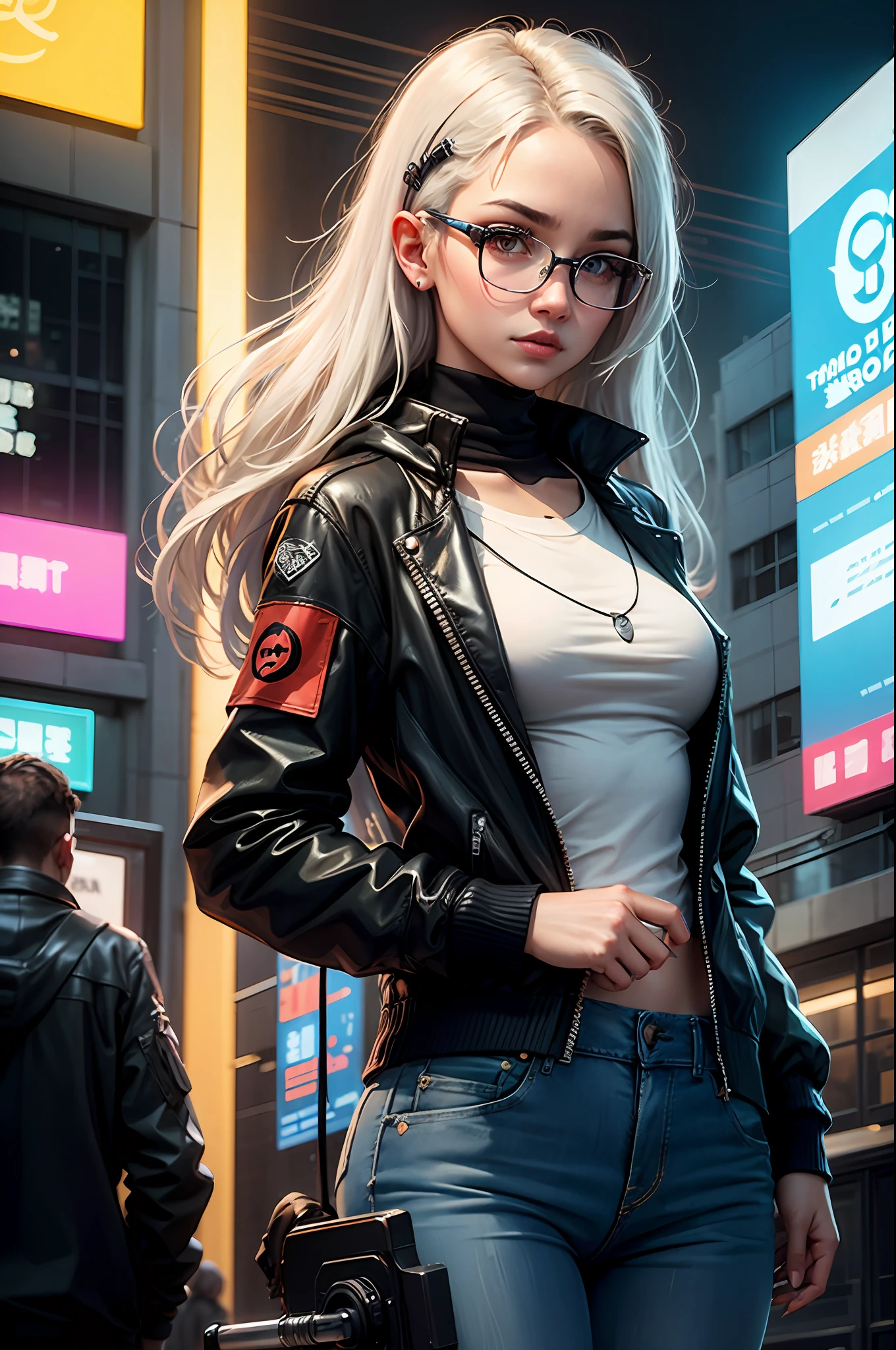 Best quality at best,tmasterpiece,(Fidelity:1.2),1 girl,white color hair,with brown eye,frontage,A detailed face,beautidful eyes,Cyberpunk-city,Futuristic,toyko,teens girl,eye glass,tactical knife,cyber punk perssonage,future-tech,neonlight,城市,Informative,Meticulous details,light and shadow effect,Ray traching,城市,Neon billboard,katana swords,brightened light --auto