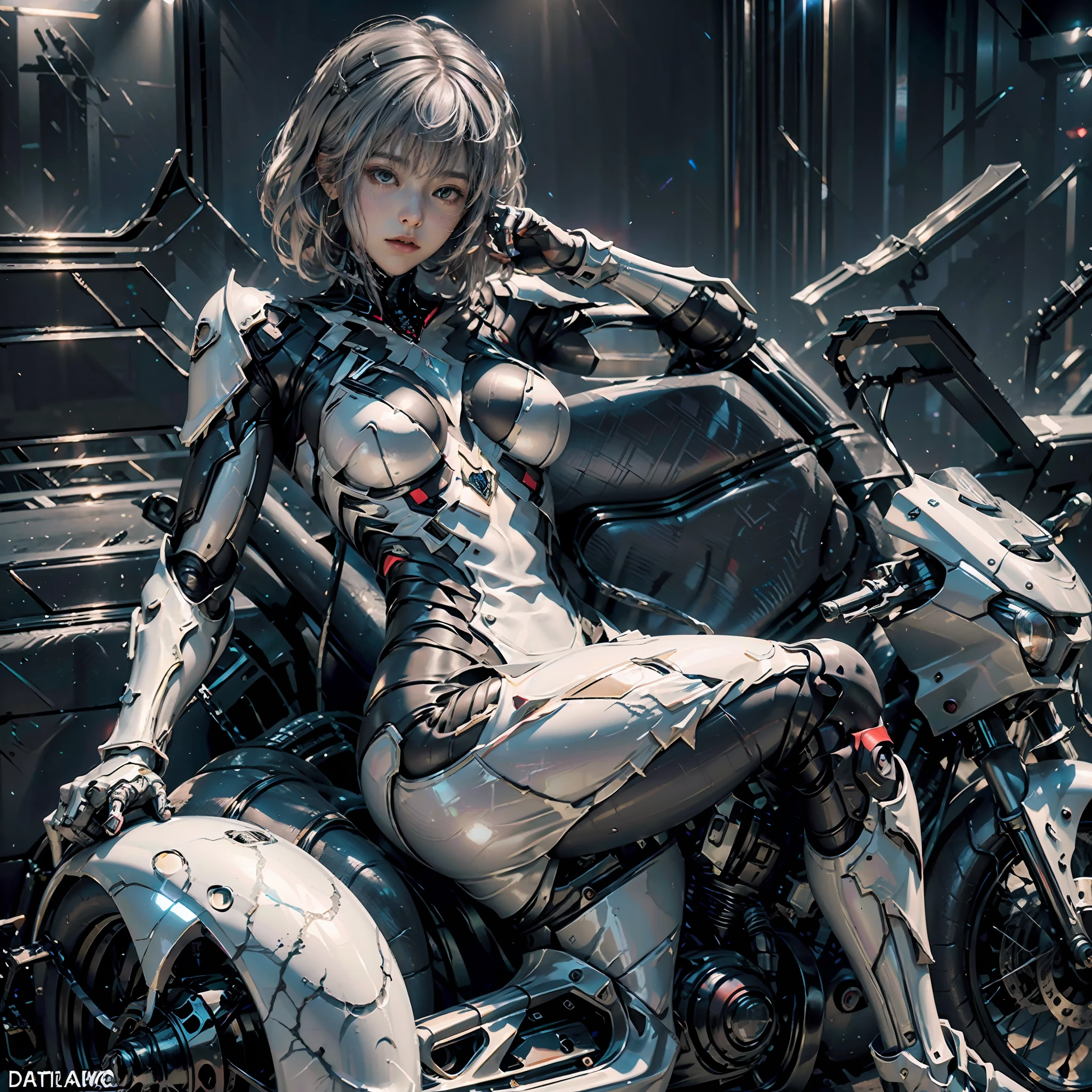 (Extreme Detail CG Unity 8K Wallpapers，tmasterpiece，Highest image quality)，(Delicate light and shadow，The picture is highly dramatic，Cinematic lens effect)，A girl in a white Spider-Man costume sits on a white motorcycle，Silver-gray hair color，White motorcycle，From the Spider-Man parallel universe，Wenger，Marvel，Spidey，sitting on the motorcycle，dynamicposes)，(Exceptional detail，The lighting effect is outstanding，Vista wide angle)，(Excellent rendering，Enough to stand out from the crowd)，The focus is on the white Spider-Man costume，Complex spider textures