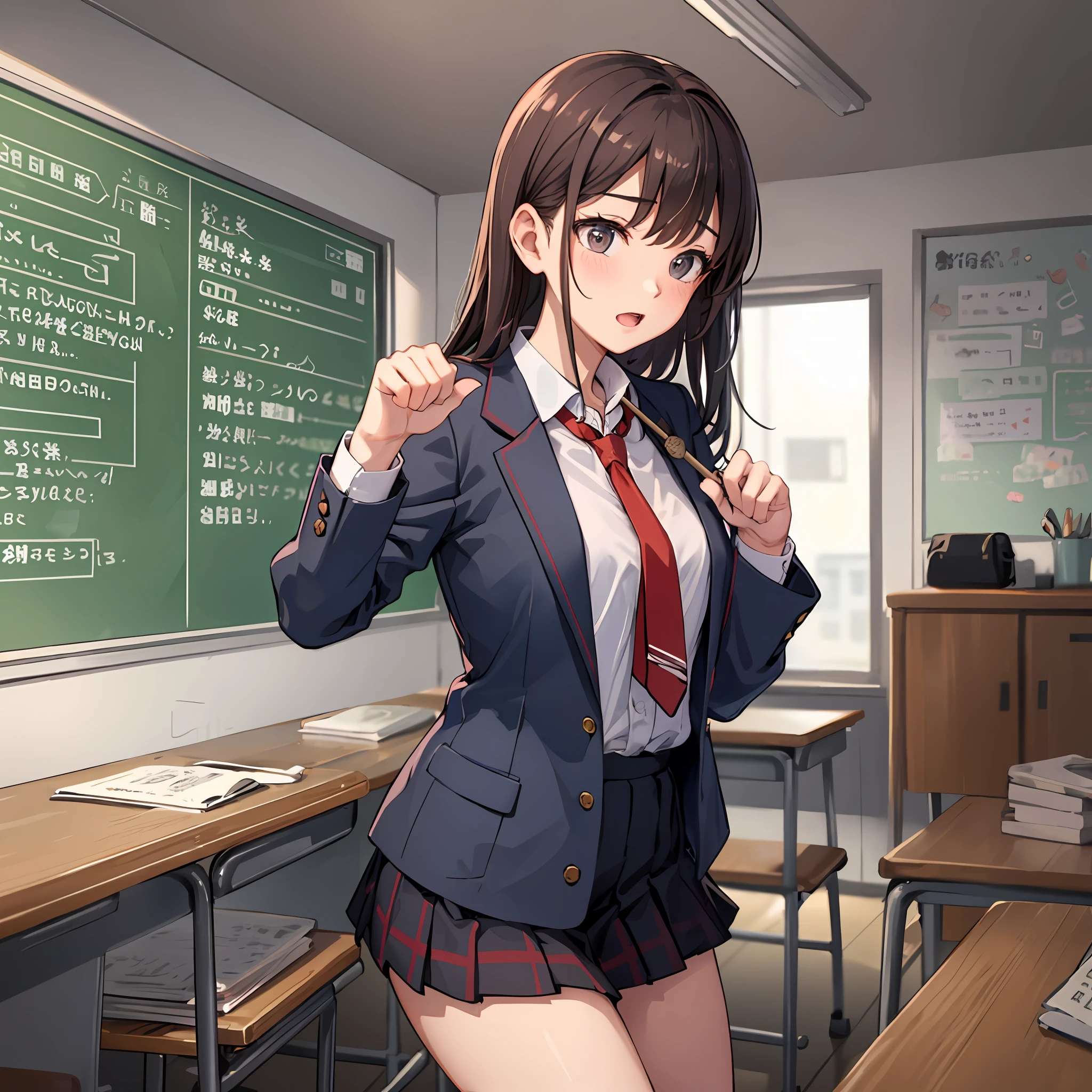 high detal,high high quality,tmasterpiece,(little breast)),Impatient pet pose,School Classroom,legs are open,A masturbation stick is inserted into the