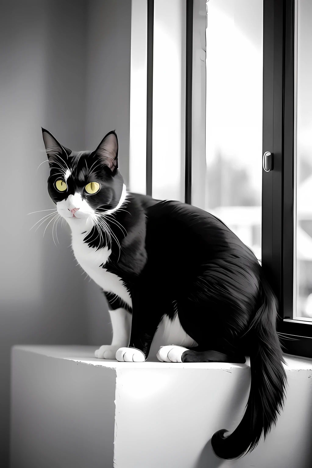There is a black and white cat sitting on a cat tree, Black and white cat, proud looking away, photo of a cat, taken with canon 5d mk4, tuxedo cat, she is looking at us, cat on a windowsill, taken with canon eos 5 d, taken with canon 8 0 d, looking away from camera,Keep your eyes on the camera,Very soft eyes,The tail cocked happily