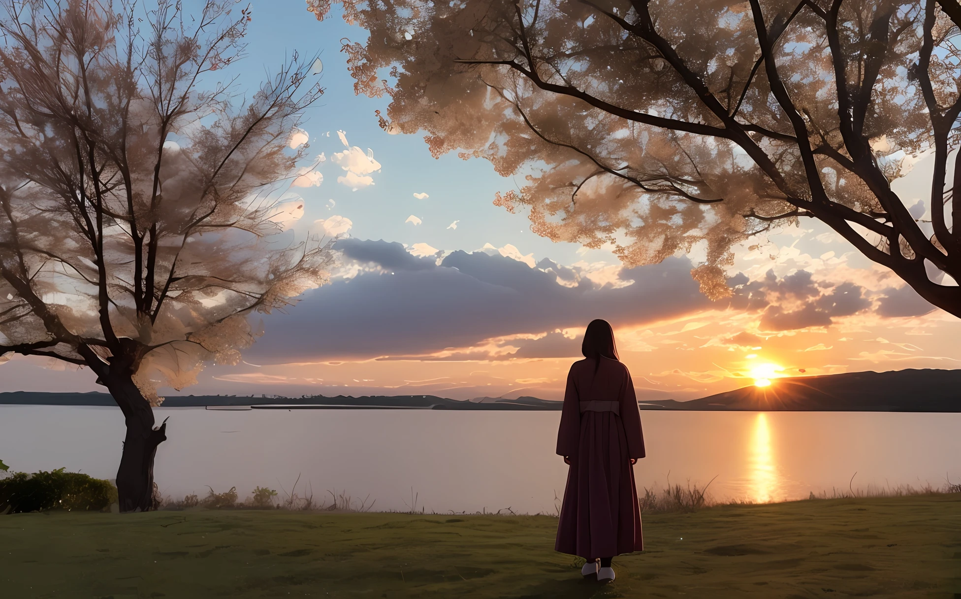 A woman stands in the sunset with flowers