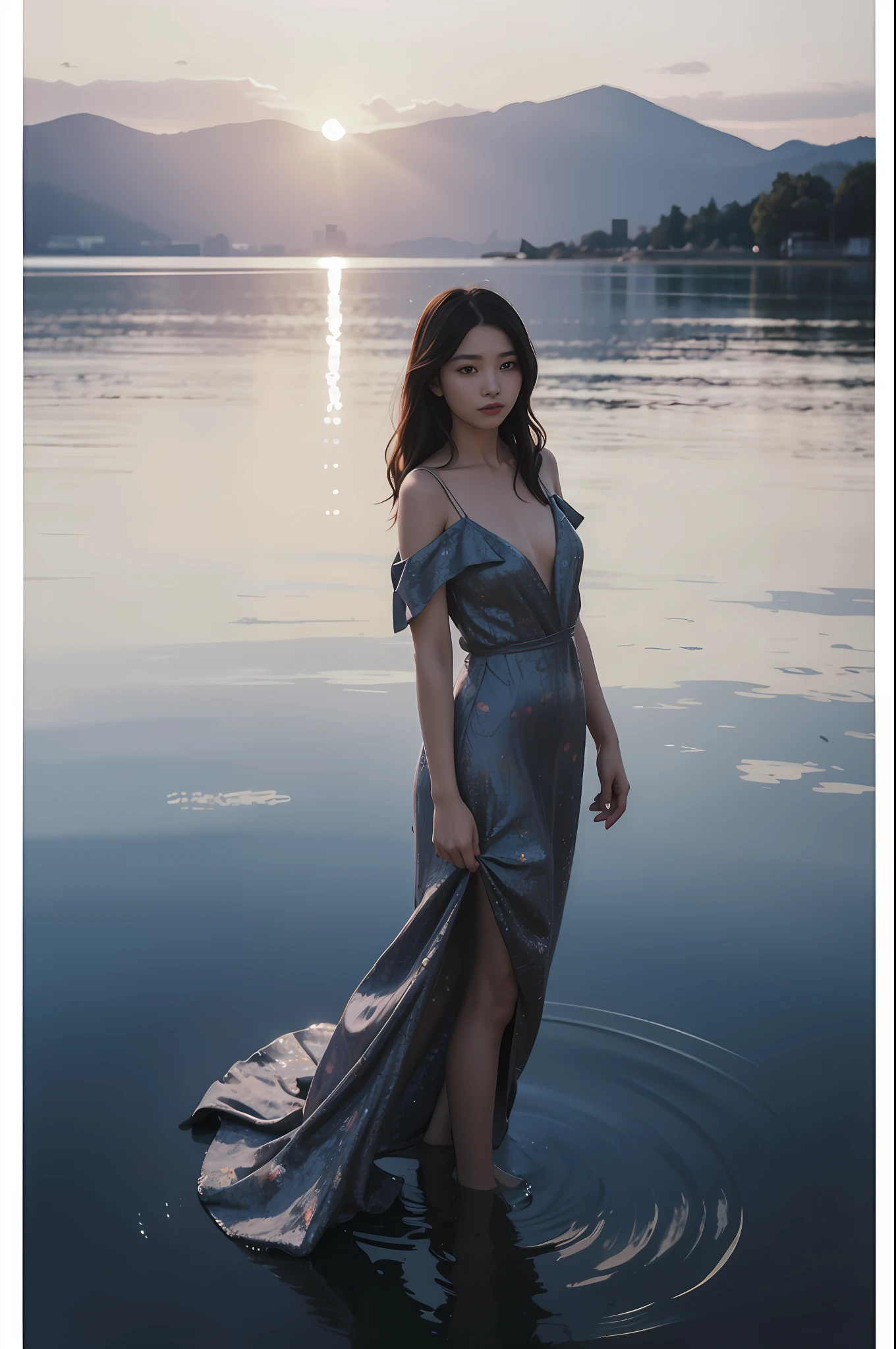 Arad woman in dress standing in the water at sunset, wenfei ye, bae suzy, Long dress, xintong chen, standing next to water, queen of the sea mu yanling, xision wu, Inspired by Qiu Ying, wearing long gown, Dressed in elegant dresses, inspired by Zhang Yan, Inspired by Dai Xi, gongbi