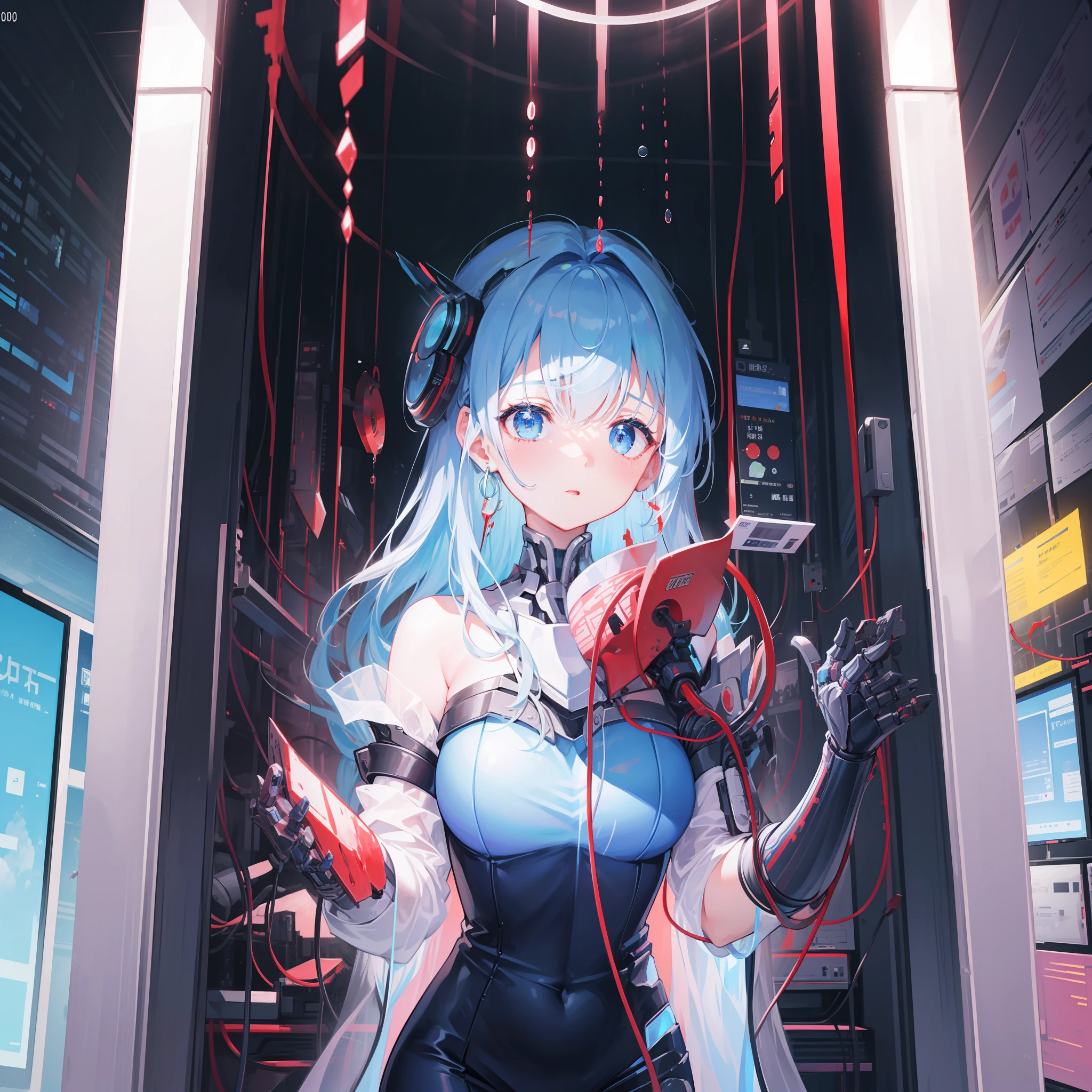 (((hyper detail)))、Frozen Preserved Girl、makina、cyborgs、The world in 10,000 years、a beauty girl、Full of cables、Blood droplets、Large number of monitor screens、Frozen capsules、细致背景、Big light、Breathing、Danger of life、art by、Dynamic composition