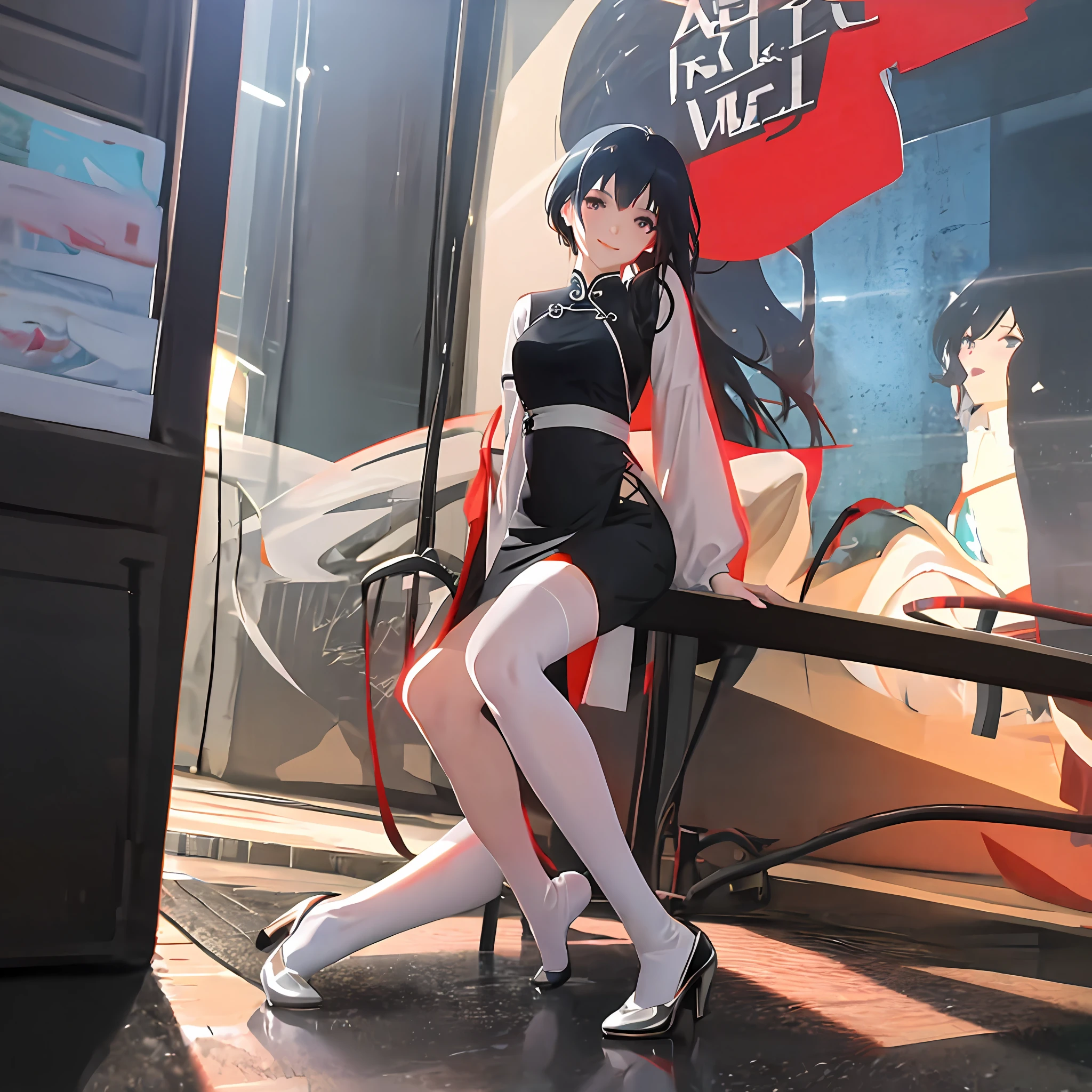 Wears a black low-cut cheongsam，Stylish anime girl in white stockings and crystal shoes in bedroom, Smiling，Use anime-style 3D technology,The trend is at CGSTATION, artgerm and atey ghailan, WLOP and Krenz Cushart's Azure Lane style，Full body CGsociety, With the best elegance，It gives a gentle and moving atmosphere。