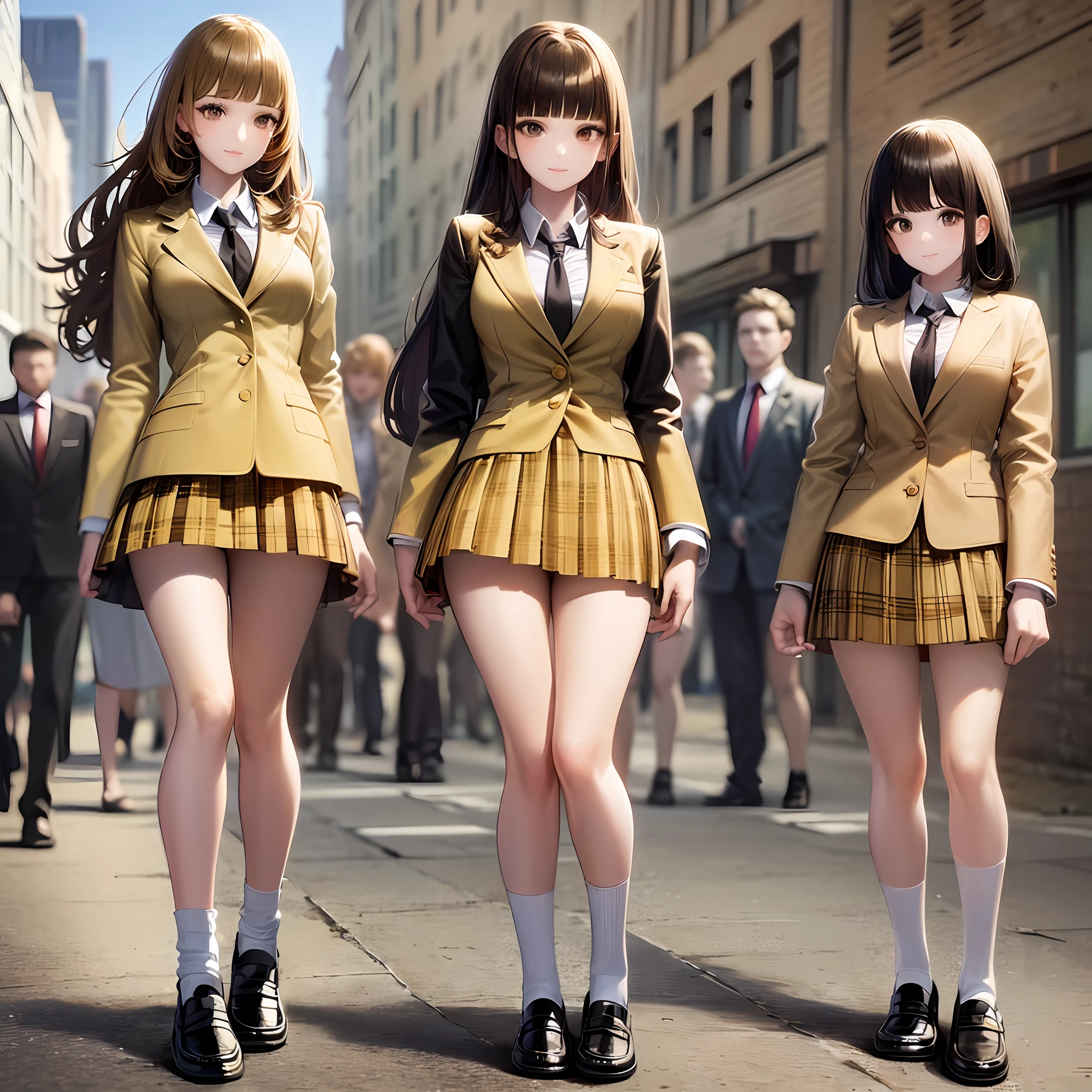 ((Masterpiece, highres)), ((thousands of, millions of, crowd of)), sisters, group, (brown haired girls, blonde girls)), long hair, curly hair, matching hairstyles, different hair color, confident, elegant, rich girls, proud smiles, (((matching outfits, identical outfits, yellow school uniforms, sexy school uniforms, yellow blazer, yellow short skirt, white thighhighs, long white socks, black loafers)))