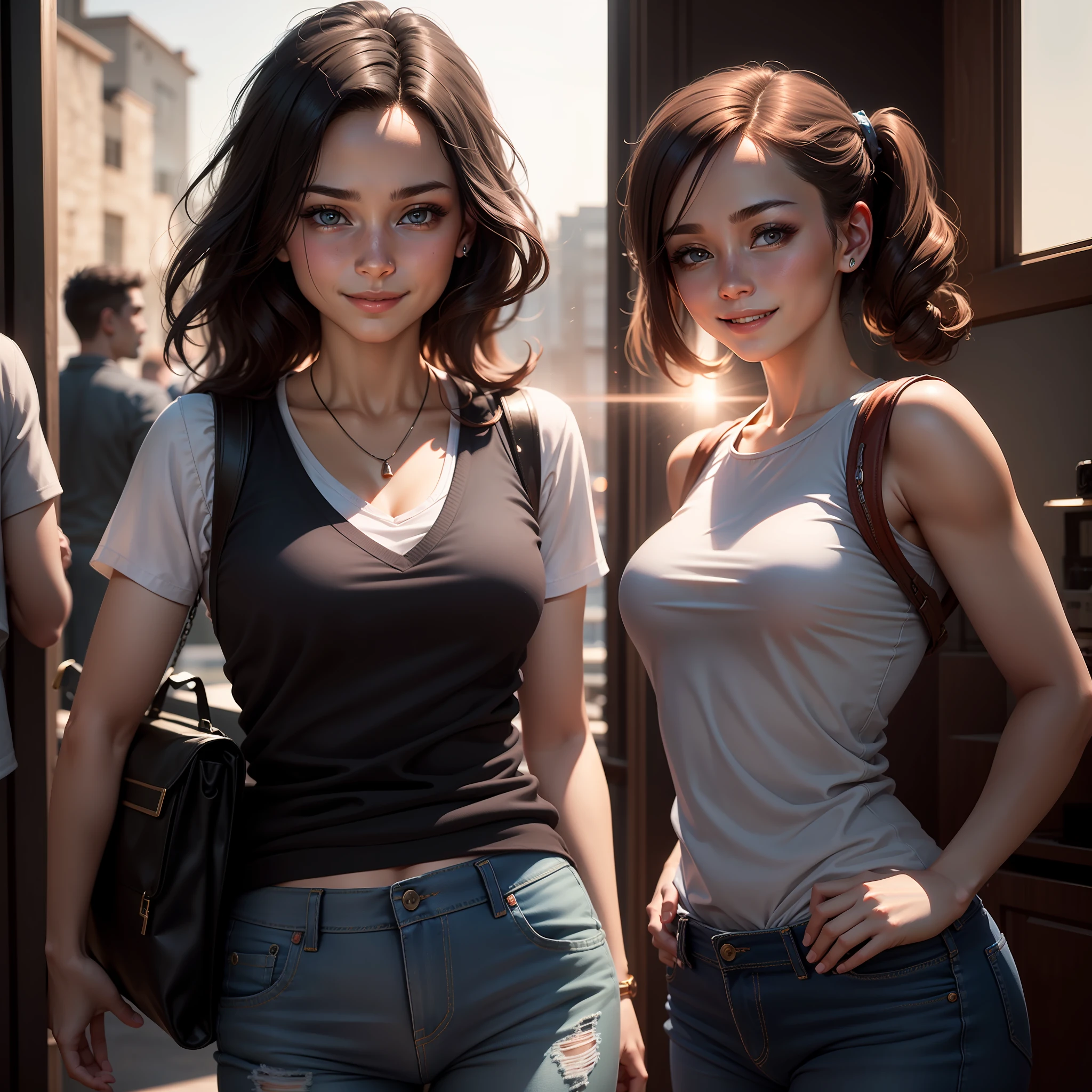 Best Picture Quality，A masterpiece beyond imagination，real and realistic，Extremely high resolution 8K/4K，Dynamic lighting effects，Realistic lighting effects，Sophia diamonds，Smile at the camera，vests，denim pant。