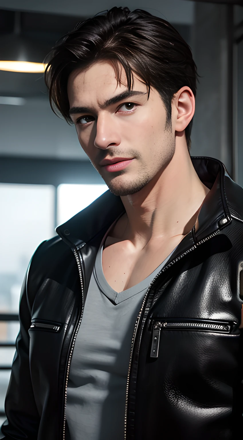 ((Man only)), (cowboy shot), (handsome muscular man in his 30s), handsome muscular man in black leather jackets, he resembles Chris Redfield from Resident Evil, Mischievous smile, (detaile: 1 in 1), Natural muscles, HIG quality, beautidful eyes, (Detailed face and eyes), (Face、: 1 / 2), Noise, Real Photographics、... .........................................................PSD, Sharp Focus, High resolution 8K, realisitic & Professional Photography, 8K UHD, Soft lighting, High quality, Film grain, FujifilmXT3