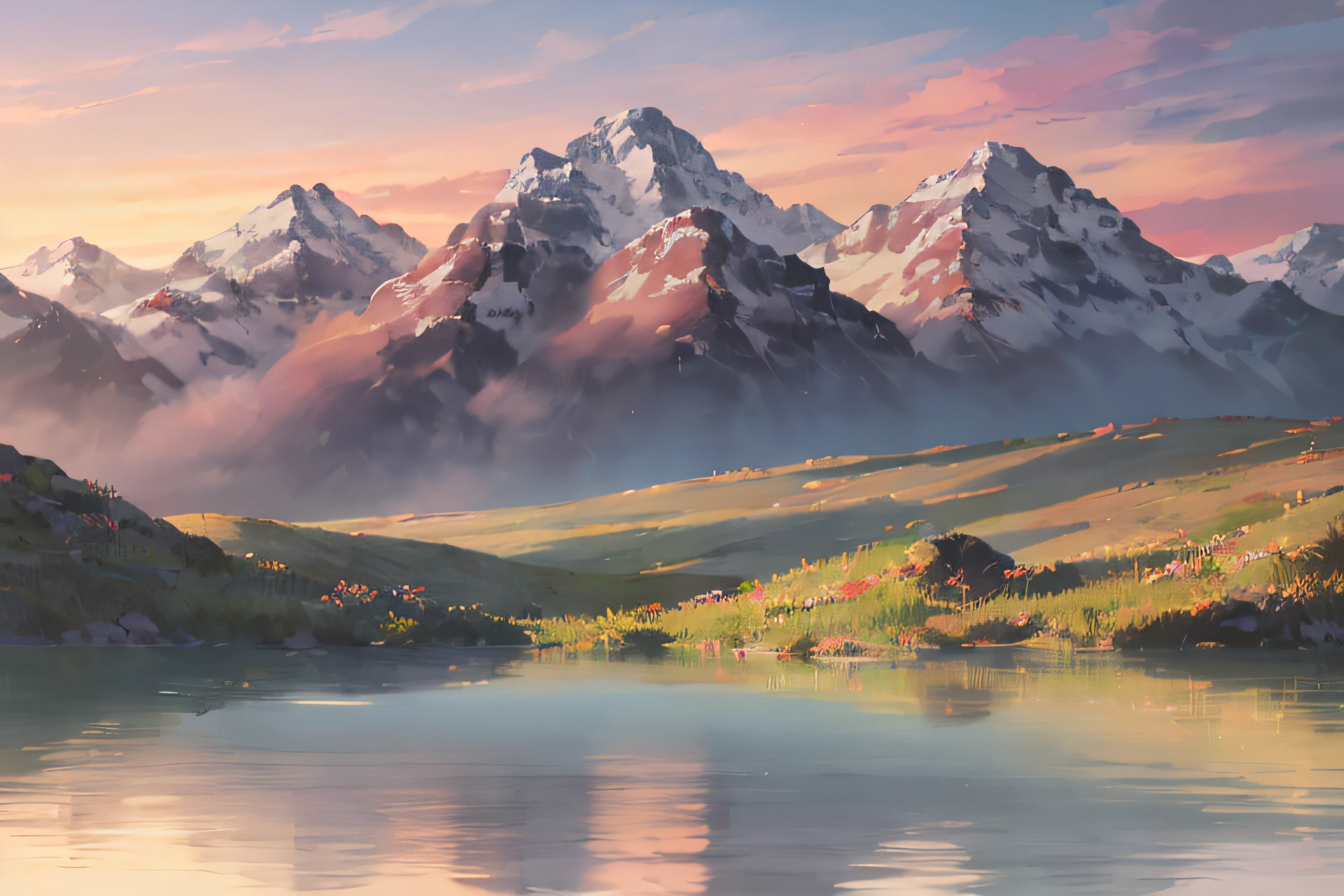 The afternoon sunset is reflected on the mountain peaks