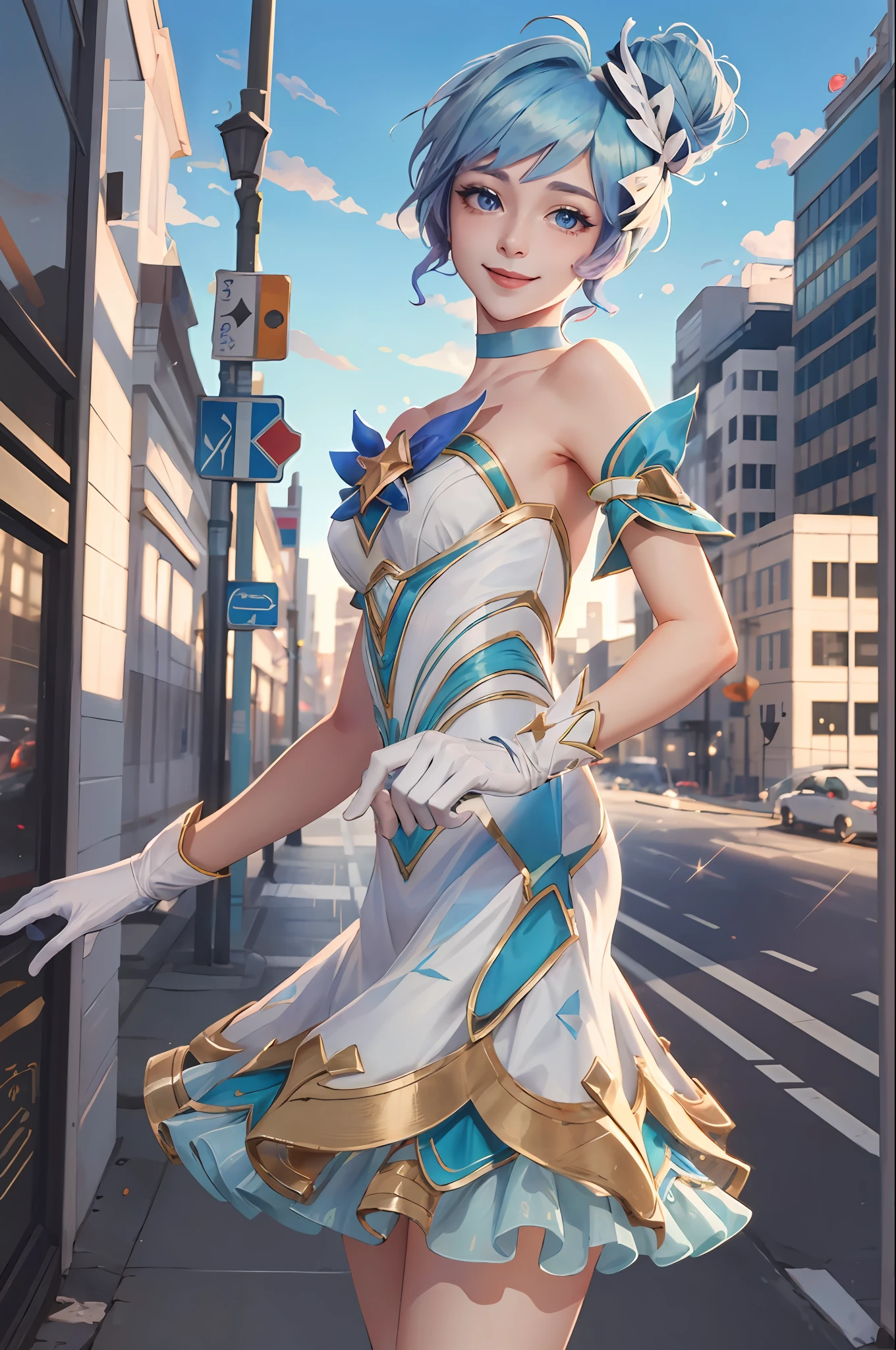 (Masterpiece:1.4), (best quality:1.2), star guardian orianna, blue hair, hair bun, ballerina, short dress, white gloves, smile, upper body, potrait