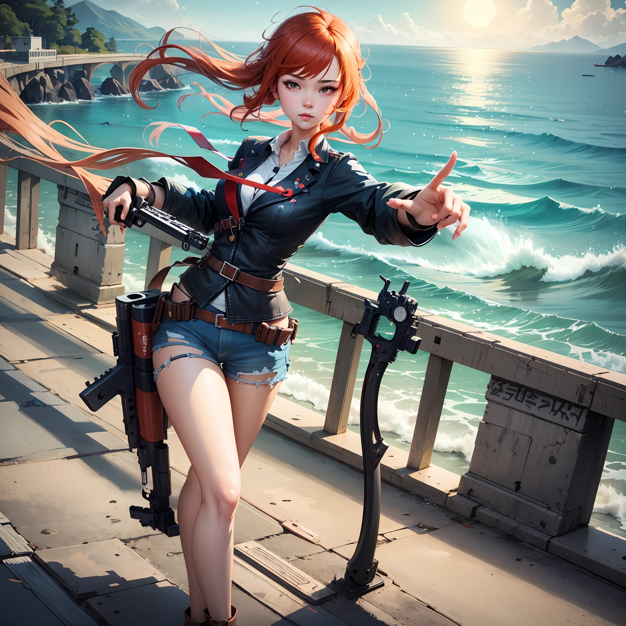 Anime girl with redhead and gun on bridge, Guviz-style artwork, Guweiz on ArtStation Pixiv, Kantai collection style, Guweiz in Pixiv ArtStation, Guviz, girls frontline style, trending on artstation pixiv, style of anime4 K, from girls frontline, Badass anime 8 K