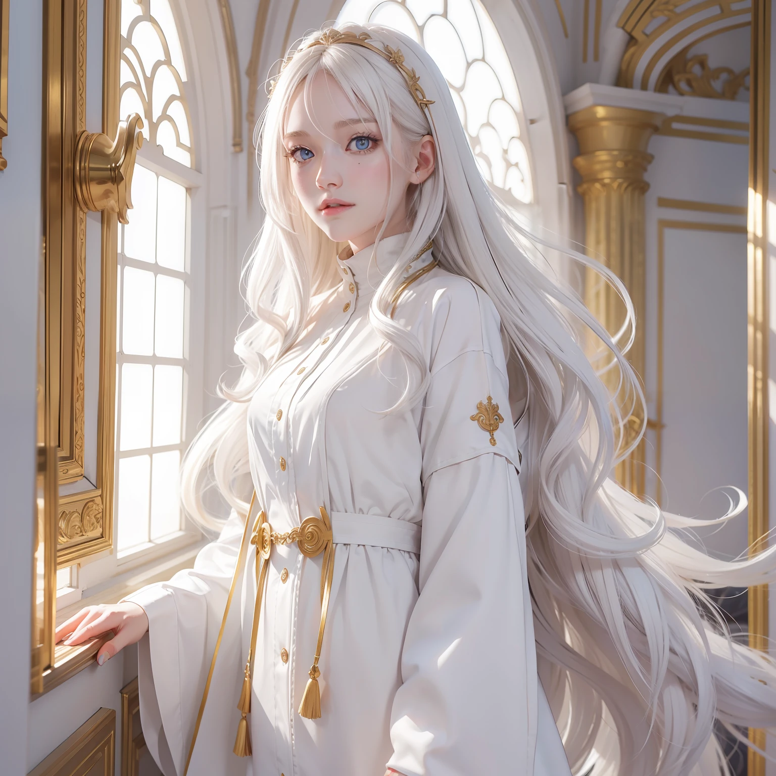 Manteau blanc，white skinned，long whitr hair，Golden pupils，年轻，look up to，female pervert，Need，8k，Light smile，neo-classical，Coiled hair，