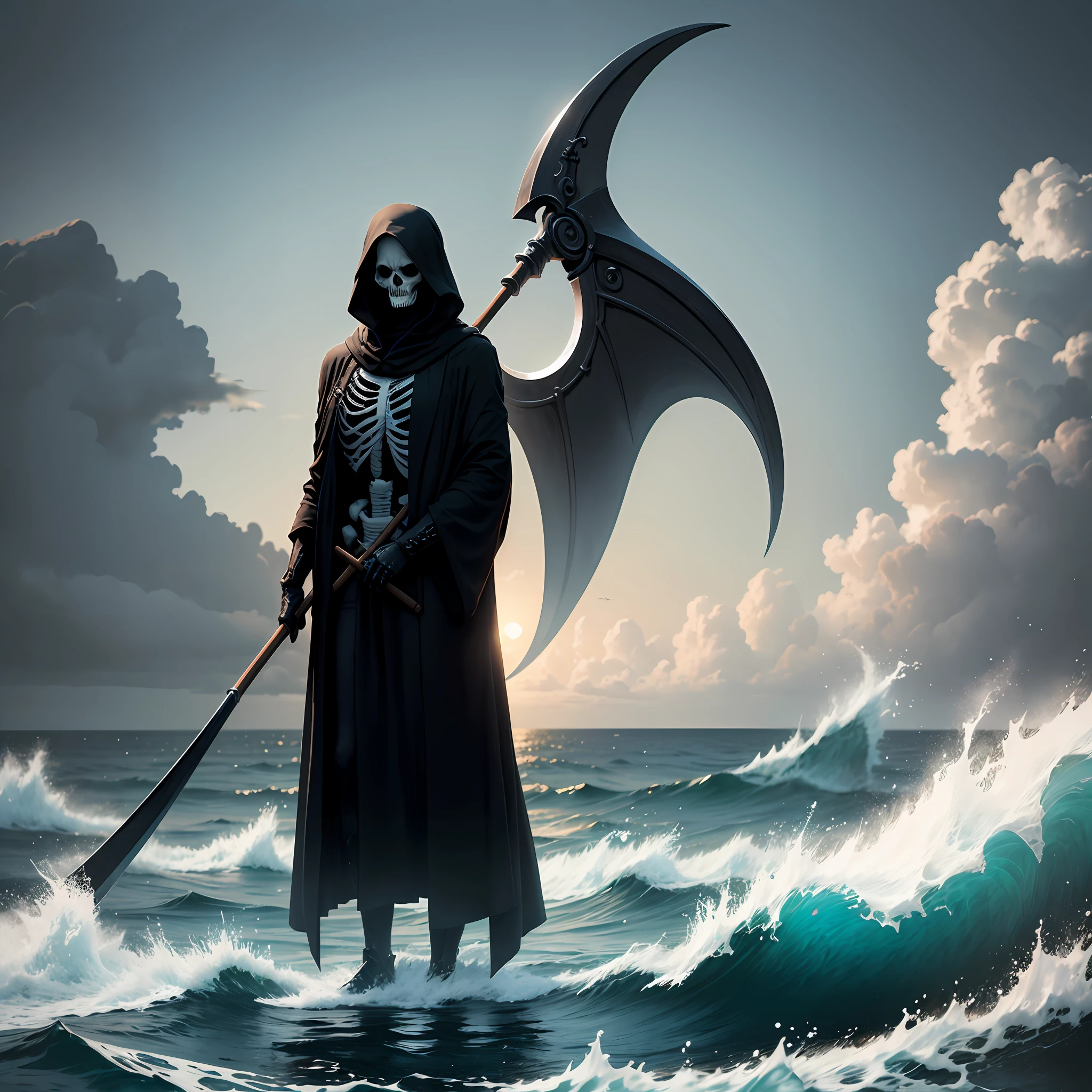 Skeleton Grim Reaper with scythe in black robe Background of the sea --auto