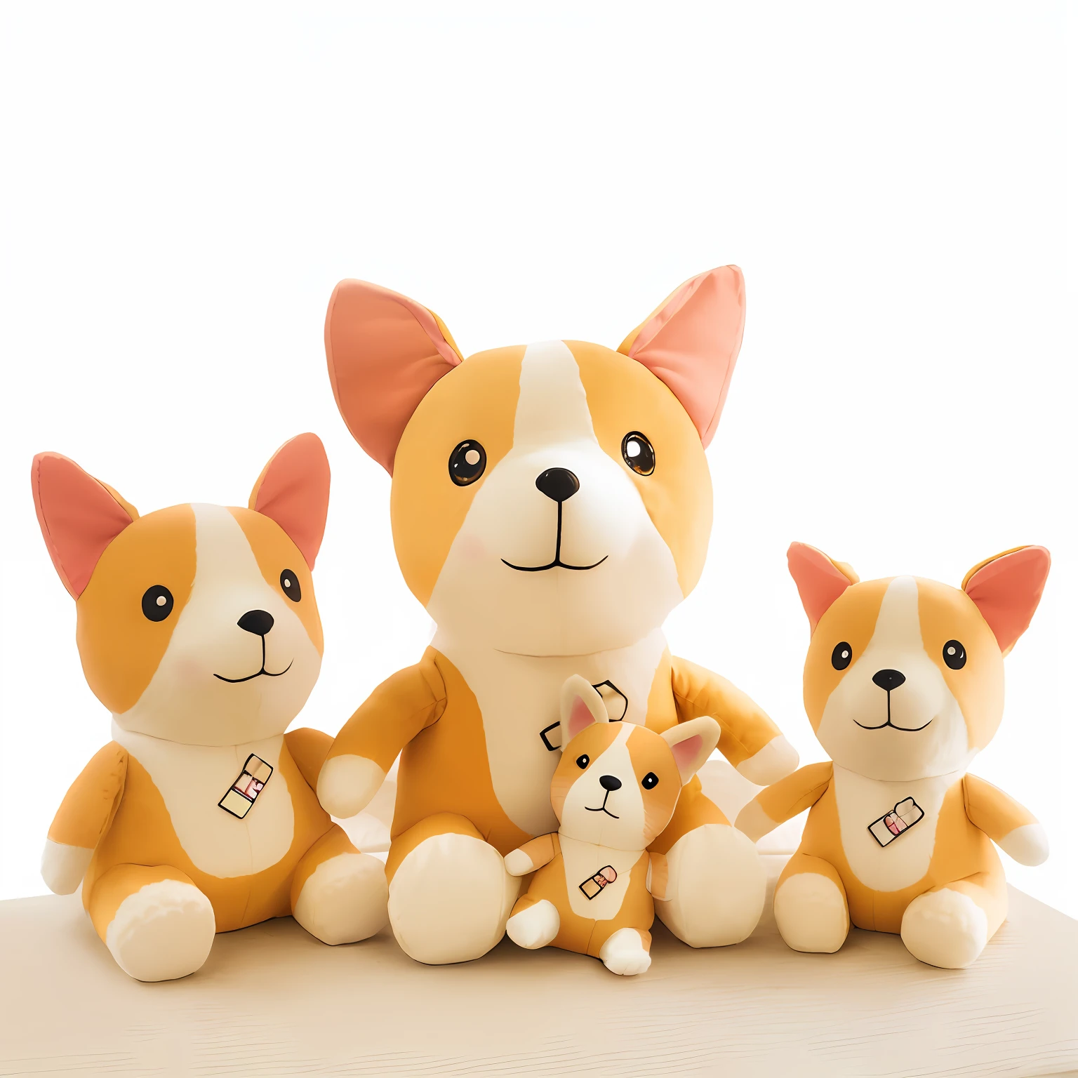 On the table are three stuffed animals sitting side by side, plushies, cute corgi, cute toy, plush mascot, plushies, stuffed doll, shiba figurine, corgi with [ Angelic wings ]!!, Corgi, plushies, very detailed and high quality, Anthropomorphic Shiba Inu, fumo plush