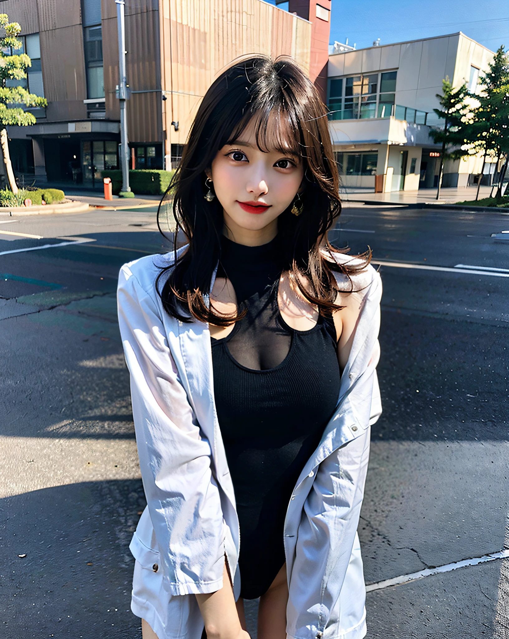 top-quality、Hi-Res、8K、Girl 1 Mature Mature Mature Woman Person、during the day、、A dark-haired、short-cut、with light glowing、outside of house、Luxury、(Medium Hair)、Beautiful detail sky、Beautiful earrings、(dynamicposes:0.8)、(fullllbody:1.2)、Soft breeze、shinny skin、line of sight、Bust、Office、Woman in blue swimsuit posing for photo、Wearing a leotard、cute girl wearing a tank suit、tight outfit
