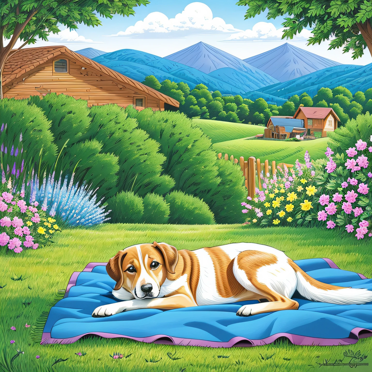 high quality of comic of a dog laying on a blanket in a yard, in front of adirondack chair, summer afternoon, summer setting, illustrative art, springtime, laundry hanging, warm spriing day in the garden, on a sunny day, sunday afternoon, hills and houses in background full color illustration by artist john sloane --auto