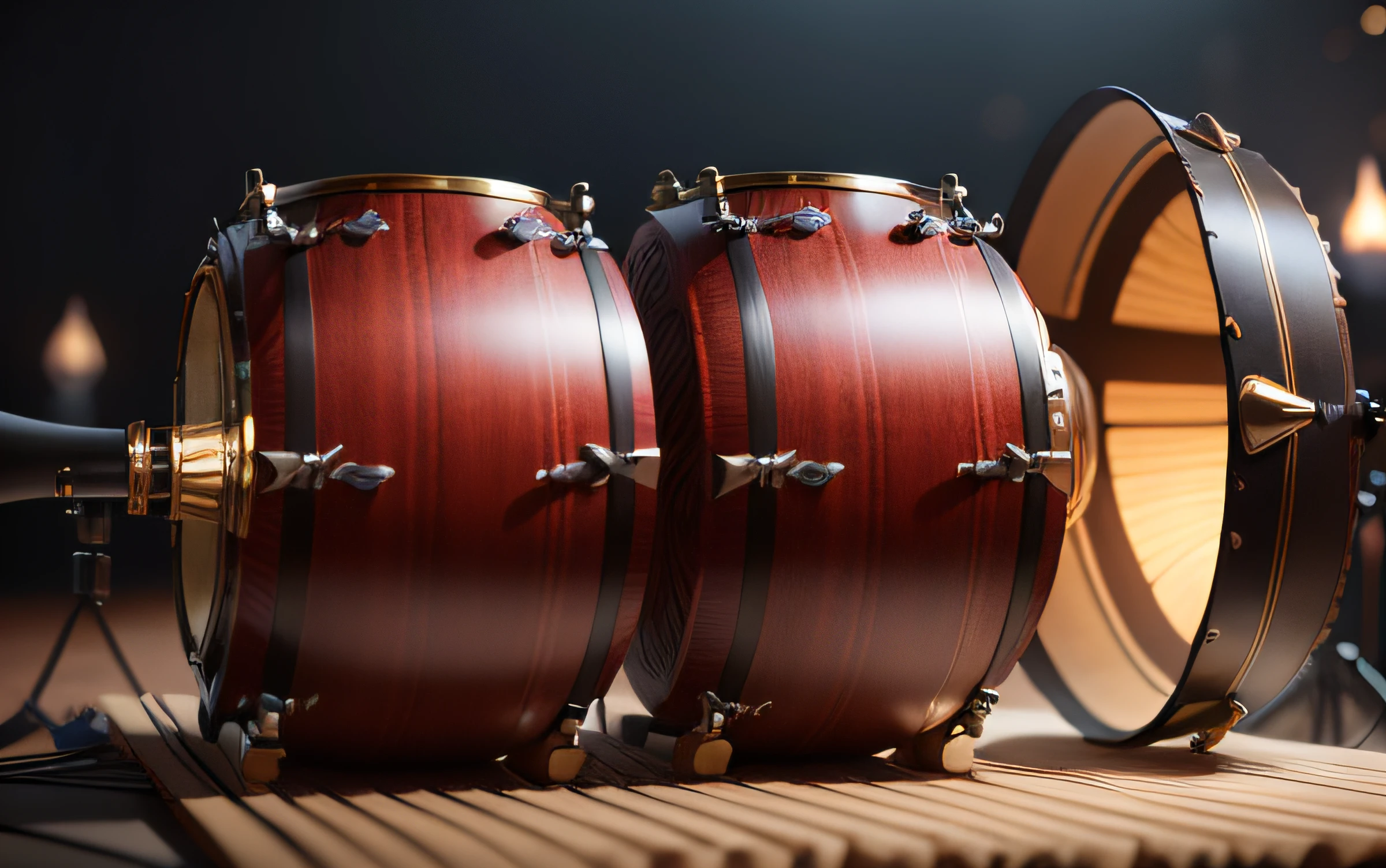 Dholak nstrument, realistic, 8k, CGI 4D, Lexicaart style,( take reference from the provided image), cinematic lightening, hyper  detailed, hyper realistic, suitable background, sharp focus, intricate details, light on the instrument(mini lightening), intricate details, blurred background(with perfection), best quality --auto