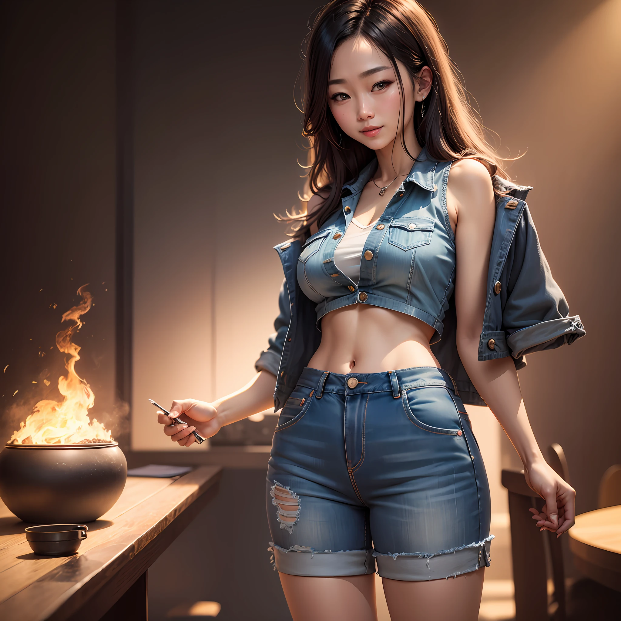 best qualtiy,tmasterpiece,photograph realistic,8K,very high res,动态照明,True lighting,Sophia diamonds(Weight 0.7),Keep your eyes on the audience,ssmile,vests,denim pant。 --auto