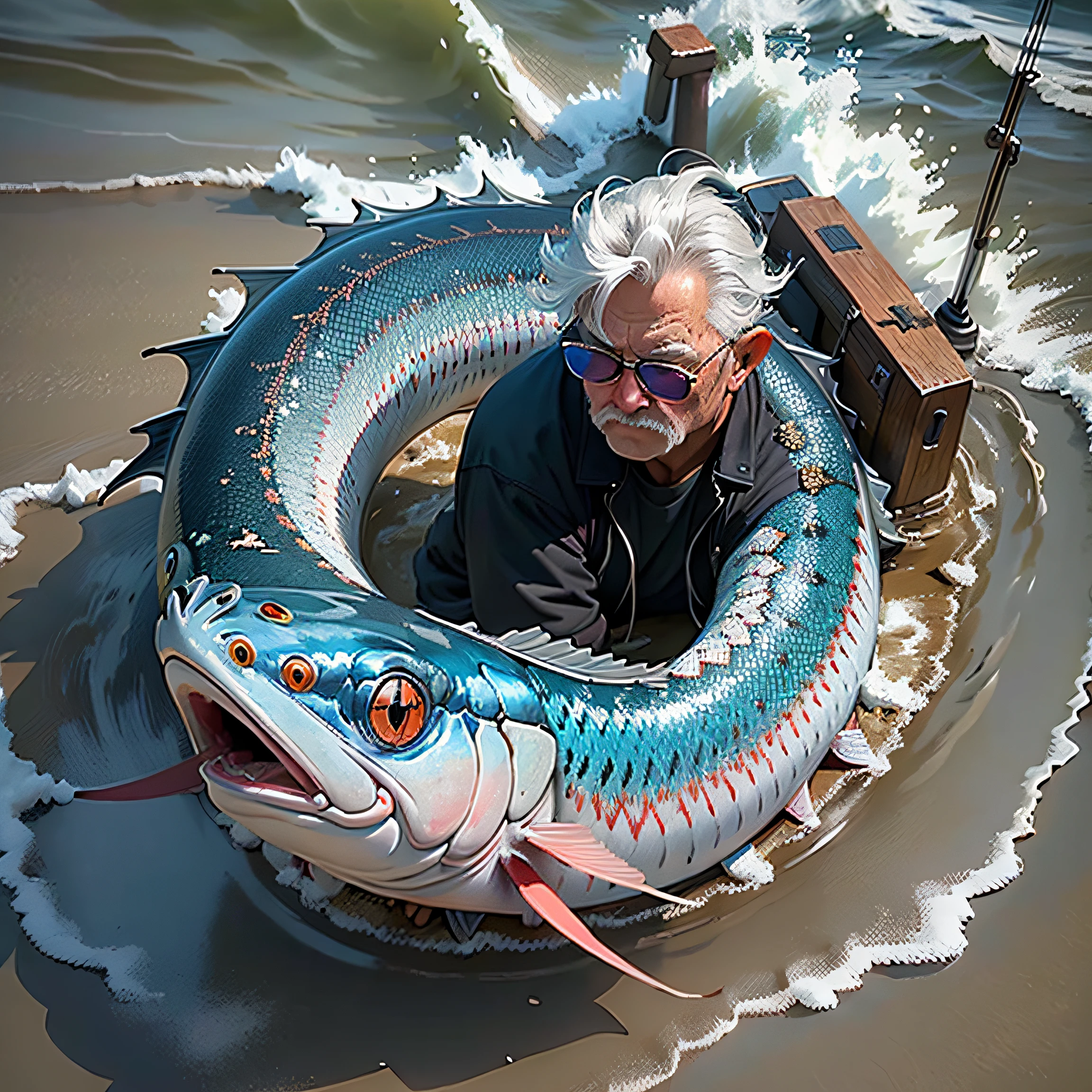 masterpiece, top-quality, (realisitic, Photorealsitic:1.37), 8K, extremely delicate and beautiful, astonishing, finely detail, Cyber Angler、Catch one marlin、rough sea、middle aged man