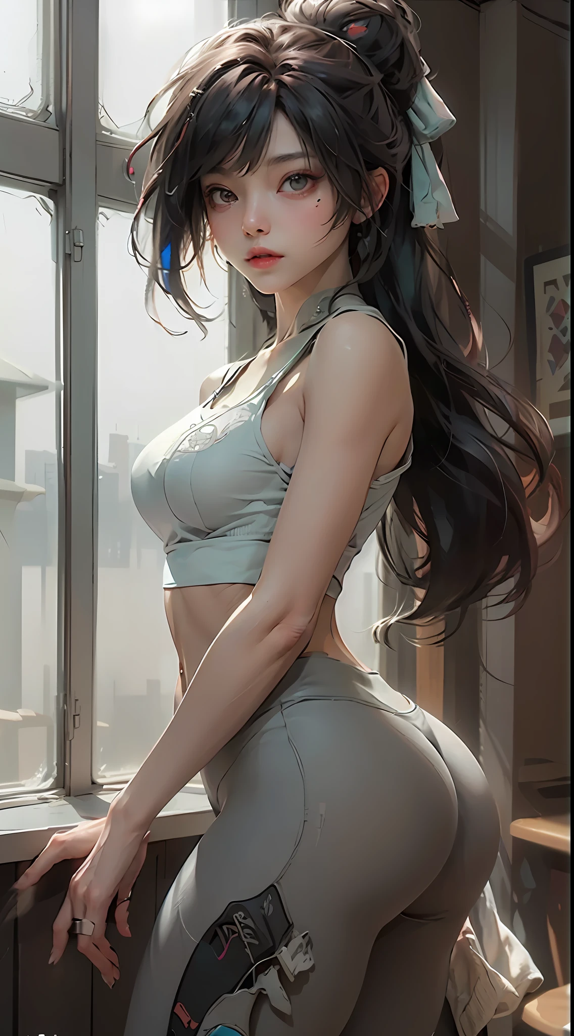 ((best qualtiy)), ((tmasterpiece)), (the detail:1.4), 3D, ,hdr(HighDynamicRange),Ray traching,NVIDIA RTX,Hyper-Resolution,Unreal 5,Subsurface scattering、PBR Texture、post-proces、Anisotropy Filtering、depth of fields、maximum definition and sharpness、Many-Layer Textures、Albedo e mapas Speculares、Surface coloring、Accurate simulation of light-material interactions、perfectly proportions、rendering by octane、Two-colored light、largeaperture、Low ISO、White balance、the rule of thirds、8K raw data、Sport Tank Top,Yoga pants for