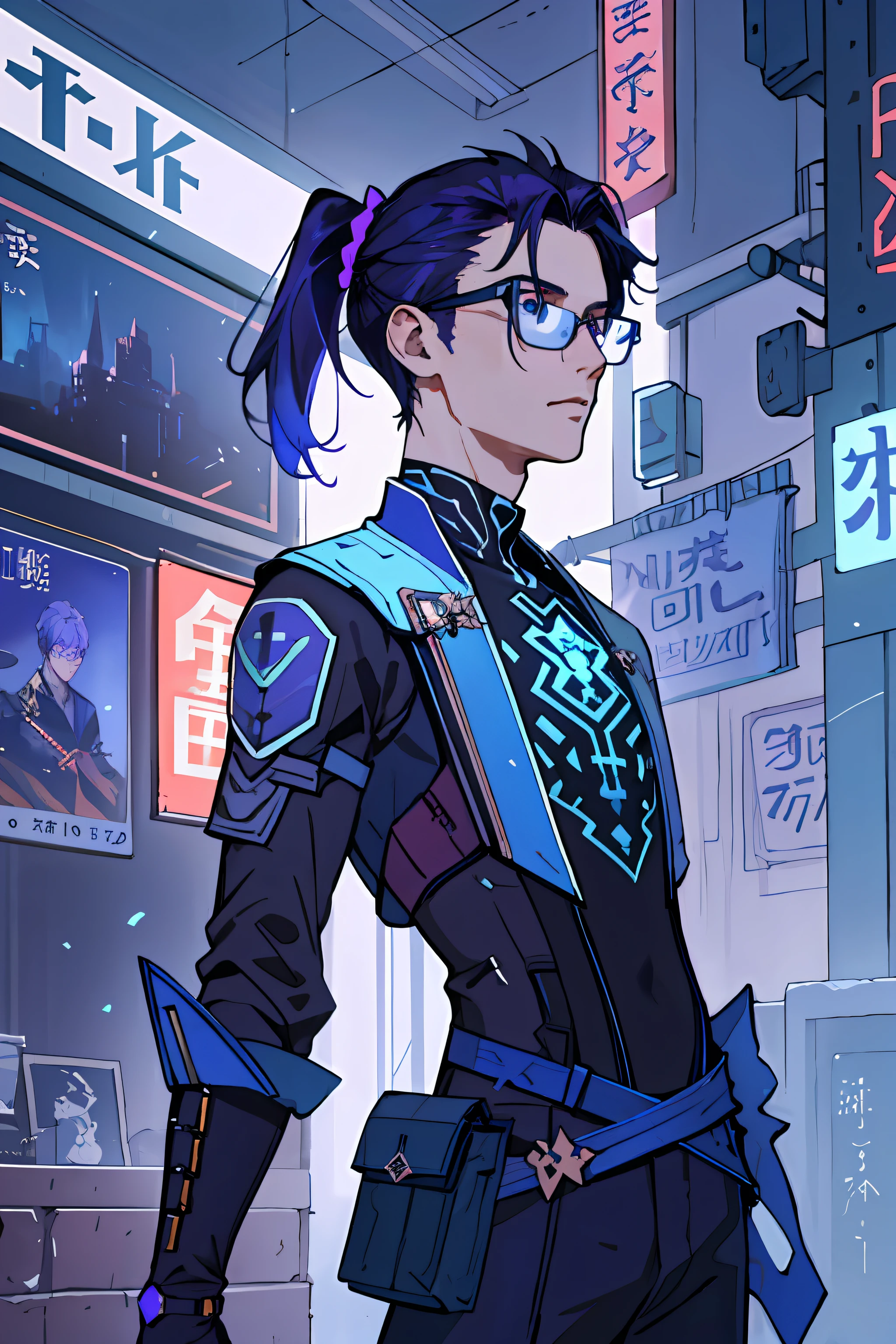 Antonio Moro, masterful, (1 male), (Half-body), tall young man, Skinny guy, ((male focus)), Guy, Short blue hair, disheveled hairstyle, Glasses Virtual Antennas, Glowing shades of purple and blue, pale skin tone, Spark's bright gray eyes, Particles, ciberpunk, Future Man, olhando_at_Viewer, Reinforced purple suit, The device of small time on the wrist, 独奏, Standing, symmetric eyes, Subtle eyeshadow, Detailed face and eyes, dinamic lighting, Cinematic lighting, voluminous lighting, extra high resolution, ciberpunk, The city of the future with bright neon lights, Cybernetic landscape, style of: ModelShooting, (Extremely detailed CG unity 8k wallpapers), professional majestic oil painting by Ed Blinkey, Etty Gailan, Studio Ghibli, by Jeremy Mann, Greg Manchess, Trending on Artstuion, trending on CGsociety, Intricate, high detail, sharp-focus, dramatic, Photorealistic painting of Midjourney and Greg Rutkowski.