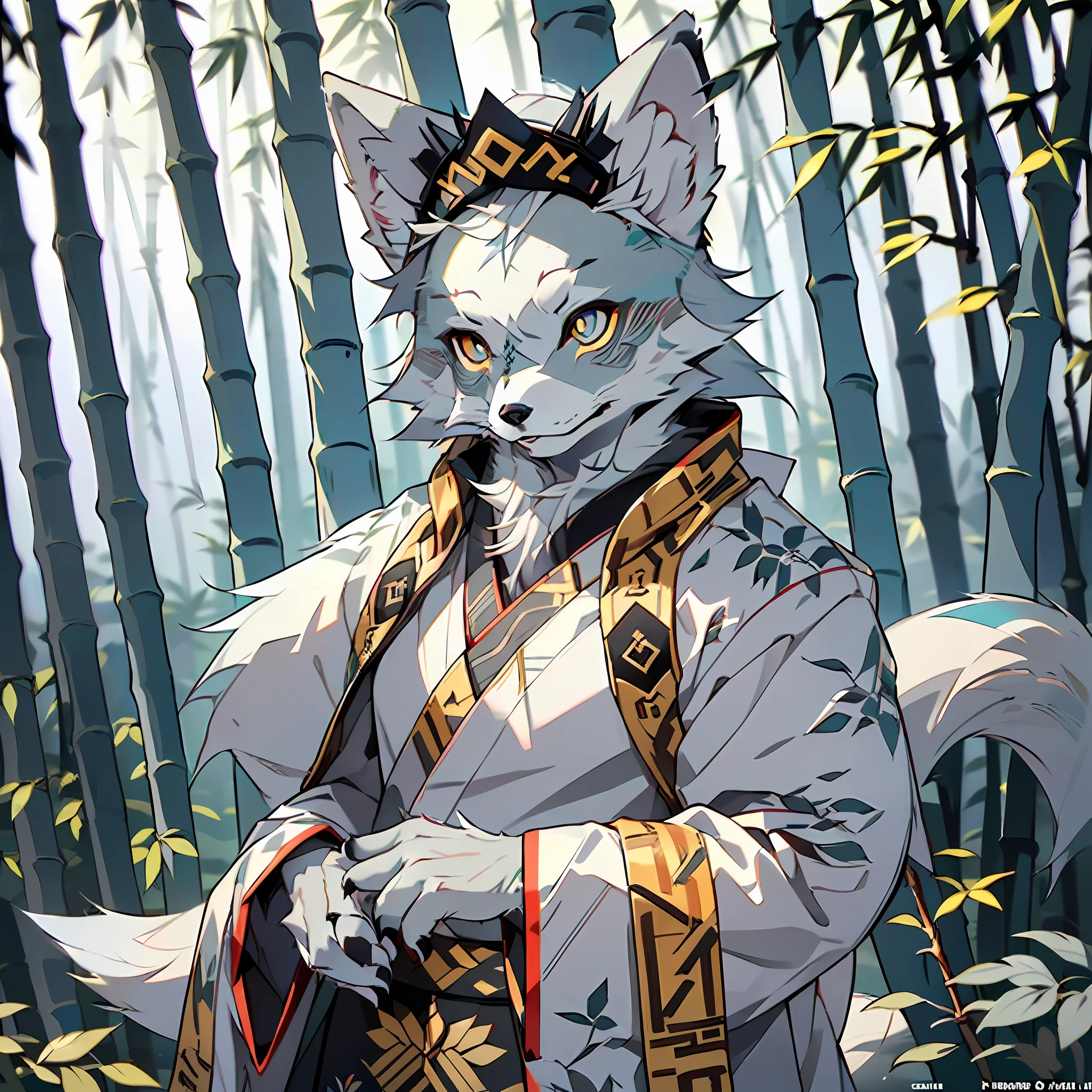 (Best picture quality),,(tmasterpiece),,(((solo person))),(ultra - detailed),(Male Arctic fox:1.5), (Light gray skin:1.3), (pale gray fur:1.3),((Golden pupils)),Red eyeliner, ((Canine paws)), ((Gray paws)),(grey ears),Sharp focus,(The furry feeling of animal ears),((Traditional Chinese robes)),Gorgeous headdress,Detailed characters,detailedbackground,((in bamboo forest))