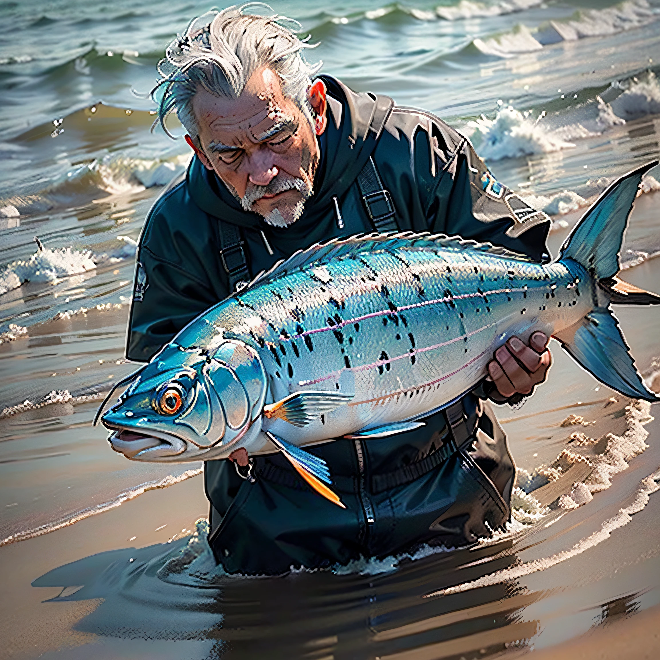 masterpiece, top-quality, (realisitic, Photorealsitic:1.37), 8K, extremely delicate and beautiful, astonishing, finely detail, Cyber Angler、Catch one marlin、rough sea、middle aged man