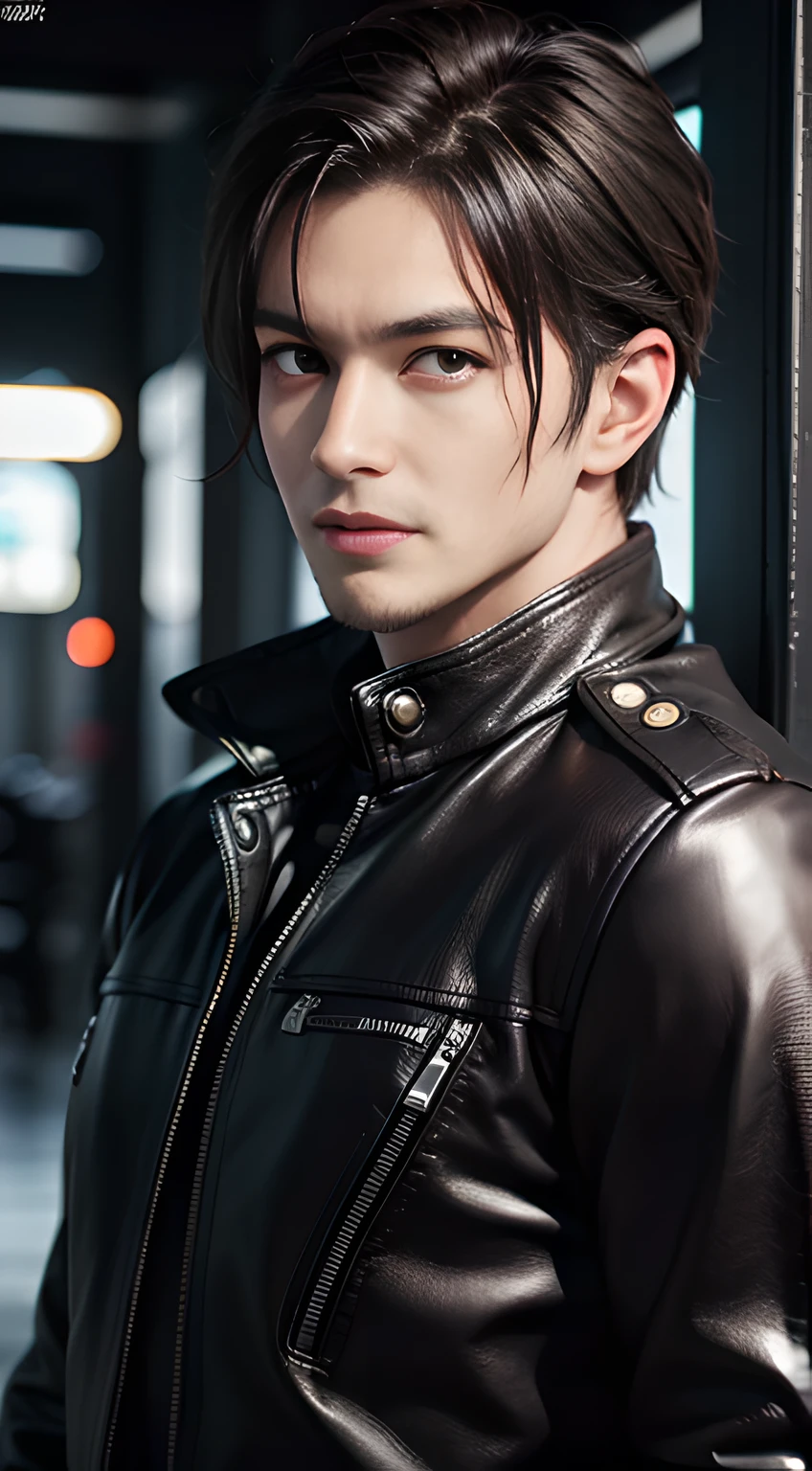 ((Man only)), (cowboy shot), (handsome muscular man in his 30s), handsome muscular man in black leather jackets, he resembles Chris Redfield from Resident Evil,  Mischievous smile, (detaile: 1 in 1), Natural muscles, HIG quality, beautidful eyes, (Detailed face and eyes), (Face、: 1 / 2), Noise, Real Photographics、... .........................................................PSD, Sharp Focus, High resolution 8K, realisitic & Professional Photography, 8K UHD, Soft lighting, High quality, Film grain, FujifilmXT3