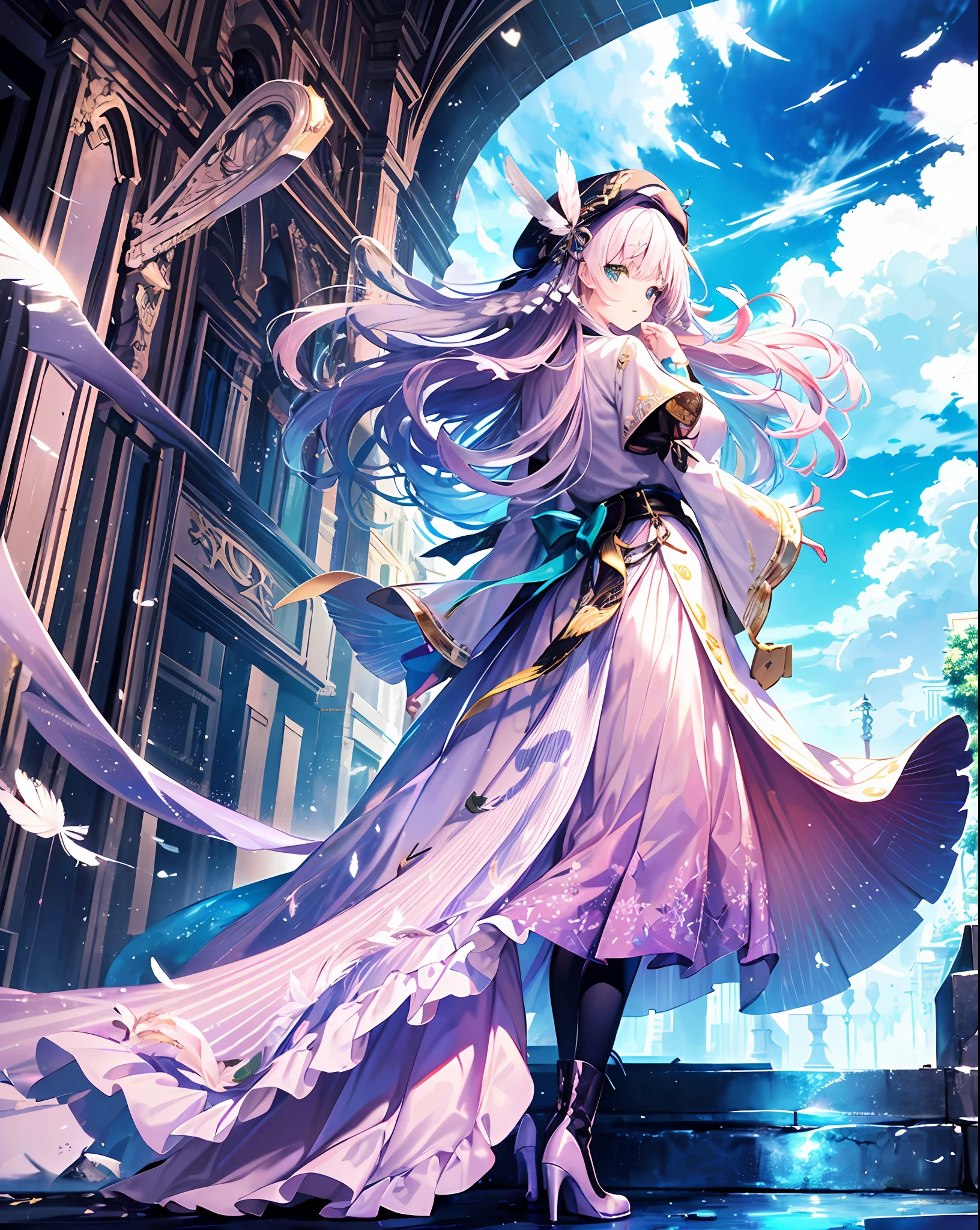 ((ultra - detailed)),((illustration)),((tmasterpiece)),(((Need))),((美丽细致的眼睛)),(the Extremely Detailed CG Unity 8K Wallpapers,best qualtiy,tmasterpiece),((4K,tmasterpiece,best qualtiy)),A girl with long pink wavy hair walked into the pillar of light,Wave goodbye,Reluctantly looking back,There are tears in the corners of the eyes,Above the clouds,There are feathers fluttering beside him,Noble pink and white long dress,Short turquoise coat,Turquoise berets,feather quill,Emerald green eyes,Long boots