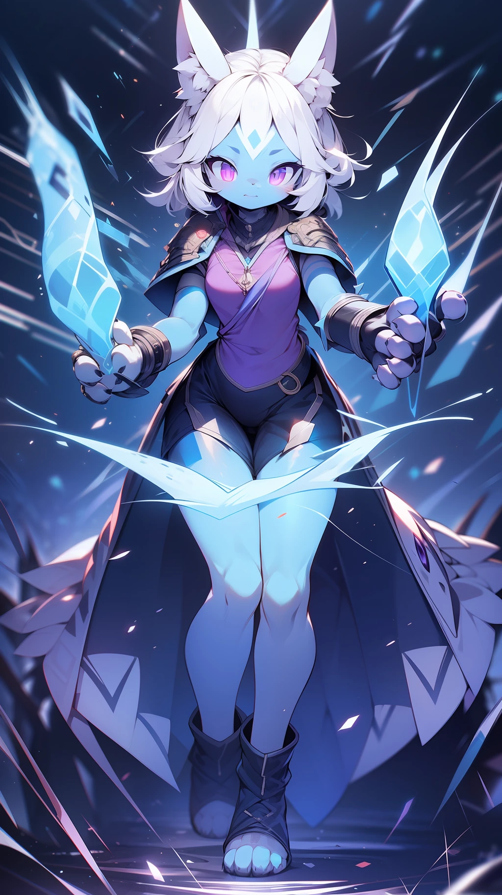 a cartoon cat with a glowing tail and a purple shirt, white glowing aura, glowing aura around her, with glowing eyes, magical shiny skin, glowing magical shiny skin, with glowing purple eyes, magically glowing, glowing aura, silver eyes full body, white glowing eyes, with glow on some of its parts, glowing lens flare wraith girl, glowing dark aura