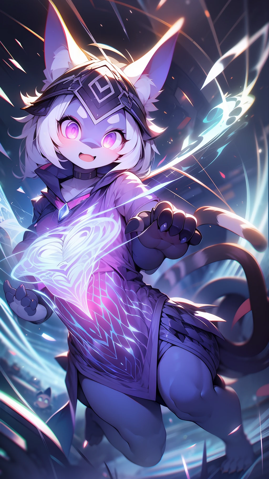 a cartoon cat with a glowing tail and a purple shirt, white glowing aura, glowing aura around her, with glowing eyes, magical shiny skin, glowing magical shiny skin, with glowing purple eyes, magically glowing, glowing aura, silver eyes full body, white glowing eyes, with glow on some of its parts, glowing lens flare wraith girl, glowing dark aura