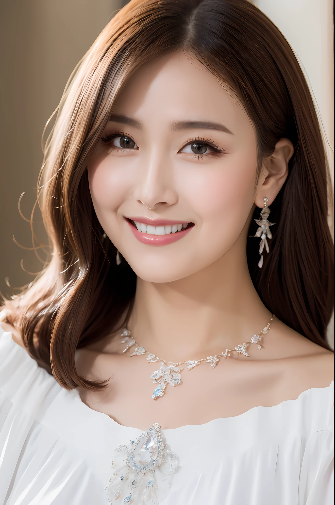 (Solo:1.3),8K, Best quality, Masterpiece, Realistic, Super detail, f/1.2, 85mm, Nikon, Smiling woman with shiny hair, Natural makeup, white off-shoulder tops,Ruffled sleeves, Diamond pendant necklace