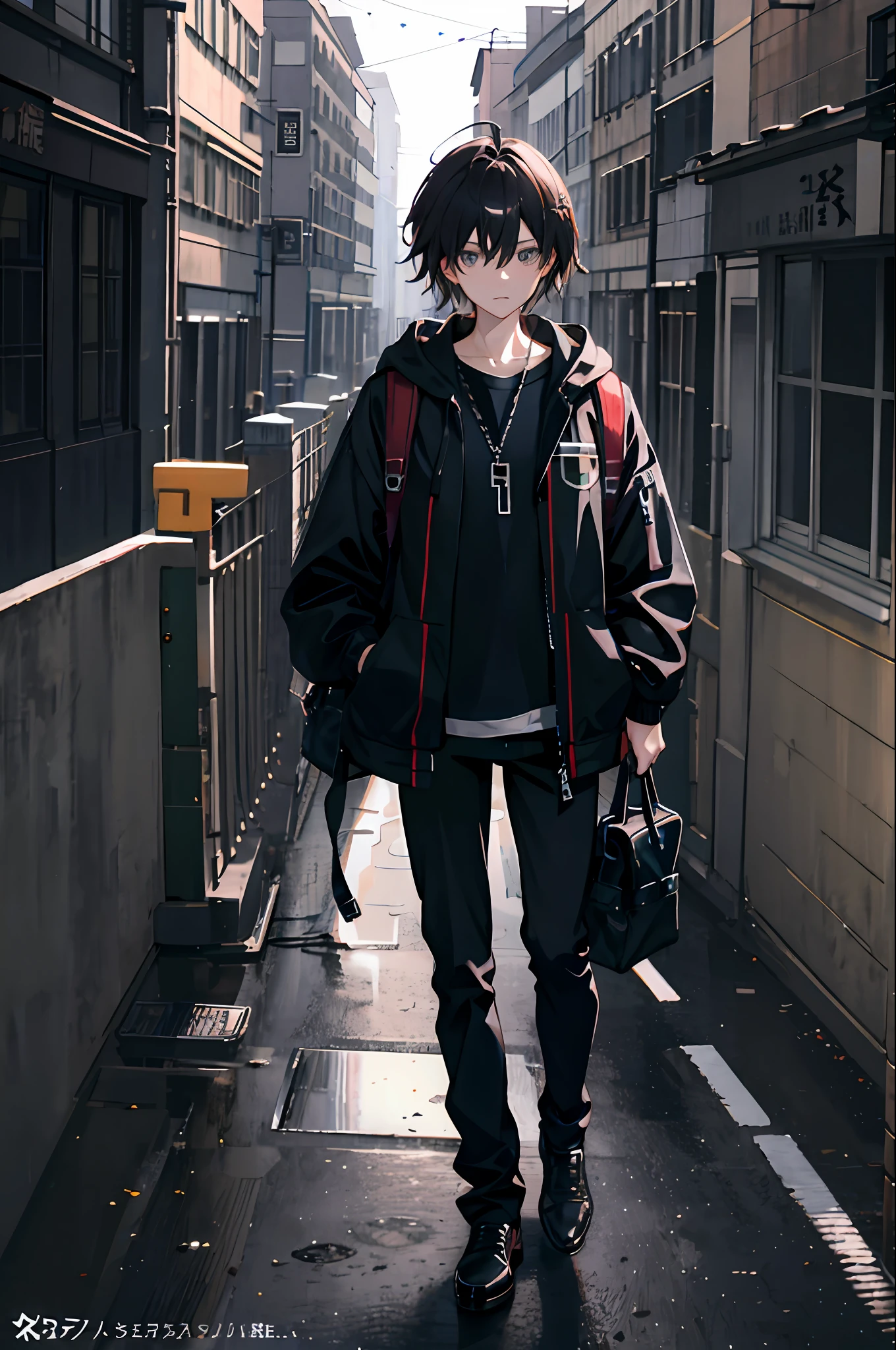 A girl stands outdoors，Dress open、Jacket and hoodie with chain，Carrying a rucksack，Look at the other person。She has messy hair，The whole picture is full of trends on ArtStation and PixiV，And a very detailed digital painting style with 8K resolution，anatomically correcte，Extremely high definition，It shows the fusion of Shinkai Makoto's style and conceptual art。