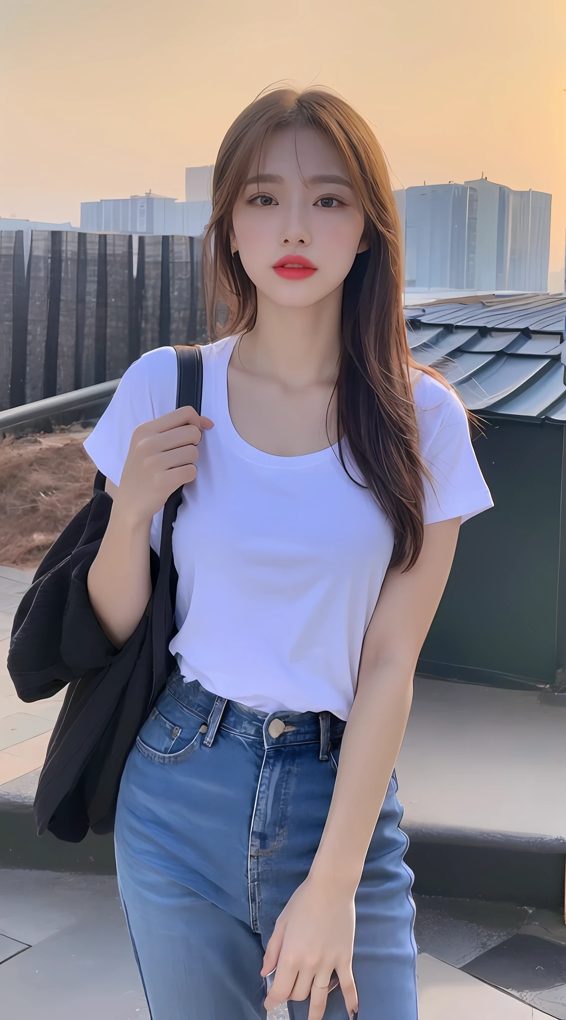 ((midynight, Need, 8k, tmasterpiece:1.3)), full bodyesbian, Long legs, Focalors:1.2, perfect figure beautiful woman:1.4, Slim abs:1.1, ((Black straight hair, huge tit:1.2 )), (white tight t-shirt, denim short, standing on your feet:1.2), ((Home:1.3)), Highly detailed facial and skin texture, A detailed eye, 二重まぶた,Orange lipstick