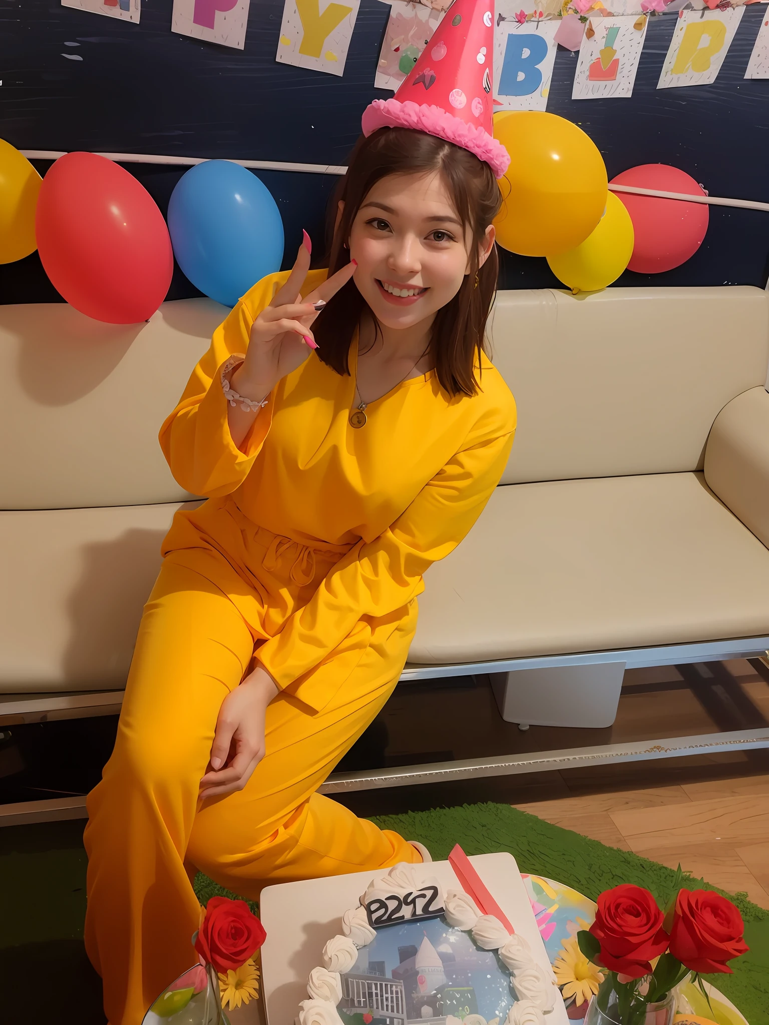 woman in yellow pajamas and a pink party hat sitting in front of a birthday cake, yellow overall, with yellow cloths, 🐿🍸🍋, bright trouser suit for a rave, wearing orange prison jumpsuit, wearing red and yellow hero suit, 🕹️ 😎 🔫 🤖 🚬, wearing red and yellow clothes, madeline from celeste, wearing an orange jumpsuit