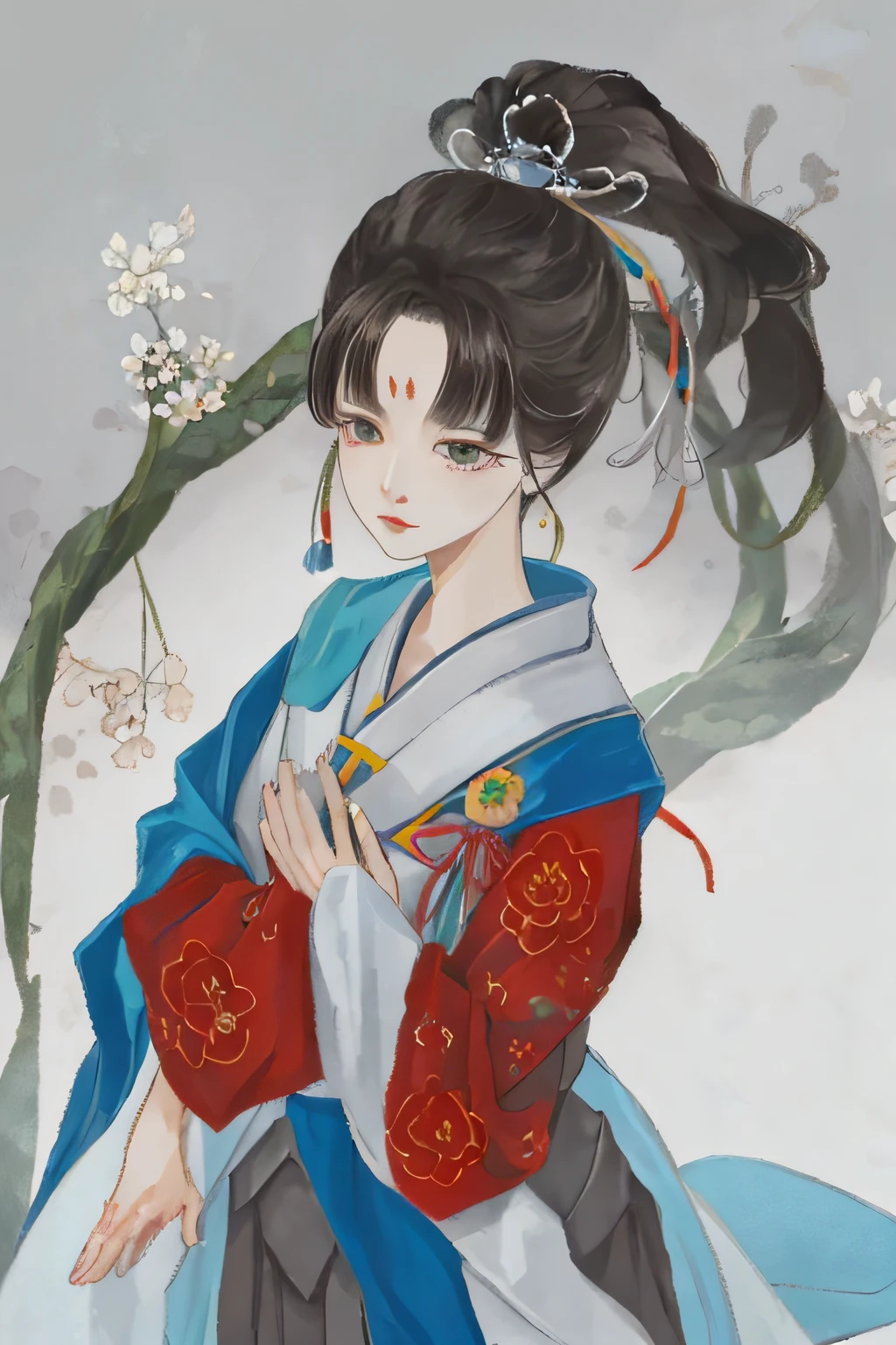 Ancient Chinese beauties sit on stones,queen,wearing ancient Chinese costume,Flowing tulle,Light silk,The posture of staring at the world,large lotus leaf,lotuses,Ink painting style,clean color,Decisive cut,Leave white space,impressionistic,tmasterpiece,ultra-detailliert,Epic composition, high qulity, HighestQuali