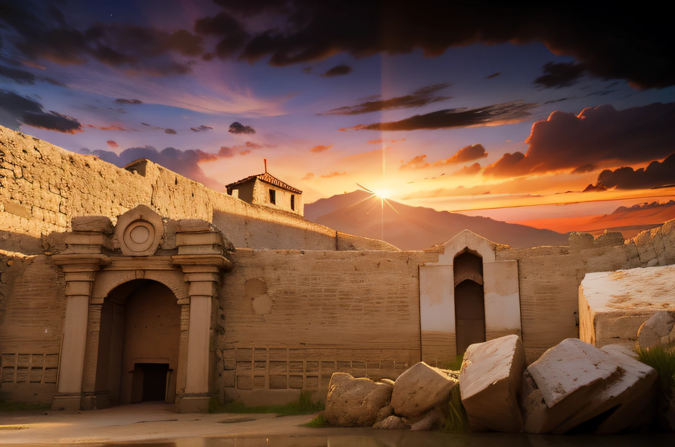 muralha alta antiga, beautiful and bright sky, nuvens, sol, cores vibrantes, Great for 3D movie