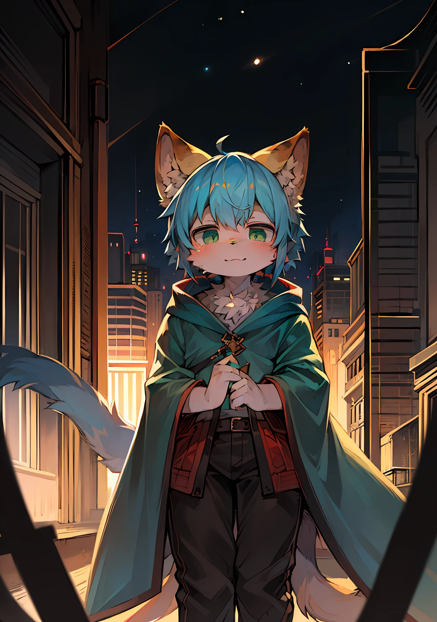 (ambiente dark:0.8),masterpiece,high quality,abstract res,digital painting\(artwork\), by dagasi, yupa,kiyosan,(anthro,fluffy fur,character focus:1.1),anthro male cat,short hair,portrait , eyes with brightness, in a panoramic view, Character focus.(detailedbackground:0.7), 独奏, shaggy, shaggy male, malefocus, anthr,(Full Body Furry, Fluffy tail, White fur, Light green fur,blue color eyes,Green eyes,Heteropupil,Blonde pick-dye hair, blue hairs:1.2), (long canines、magia、cloaks:1.2),(the night:1.1)