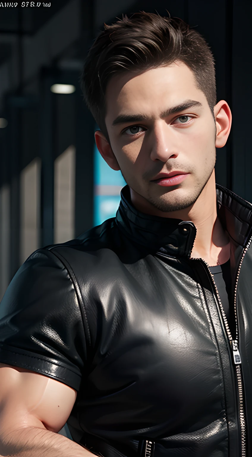 ((Man only)), (cowboy shot), (handsome muscular man in his 30s), handsome muscular man in black leather jackets, he resembles Chris Redfield from Resident Evil,  Mischievous smile, (detaile: 1 in 1), Natural muscles, HIG quality, beautidful eyes, (Detailed face and eyes), (Face、: 1 / 2), Noise, Real Photographics、... .........................................................PSD, Sharp Focus, High resolution 8K, realisitic & Professional Photography, 8K UHD, Soft lighting, High quality, Film grain, FujifilmXT3