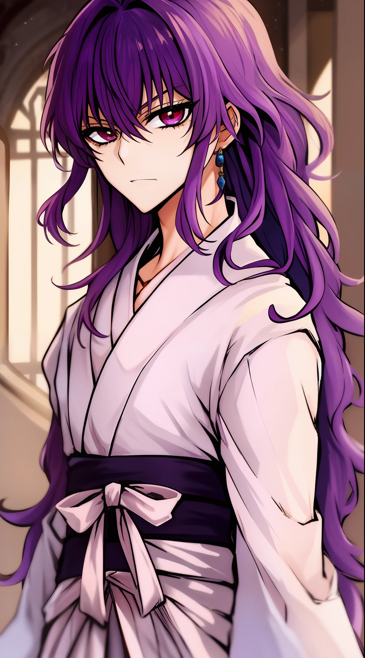 One was dressed in a white robe,Anime villain with purple hair,Looks handsome and soft,It is a male god