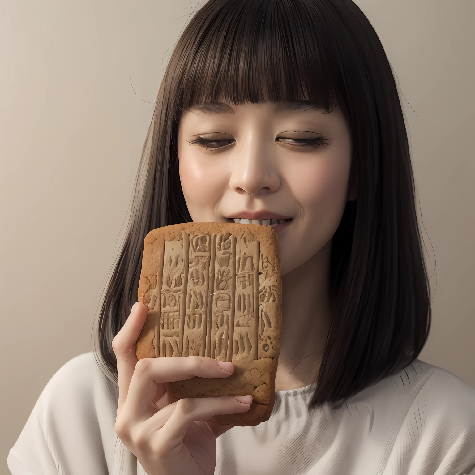 Girl eating a huge cookie printed with hieroglyphs、Young Japan、The background is a museum、Delicious looking cookies、Woman with beautiful brown black hair、Detailed rendering