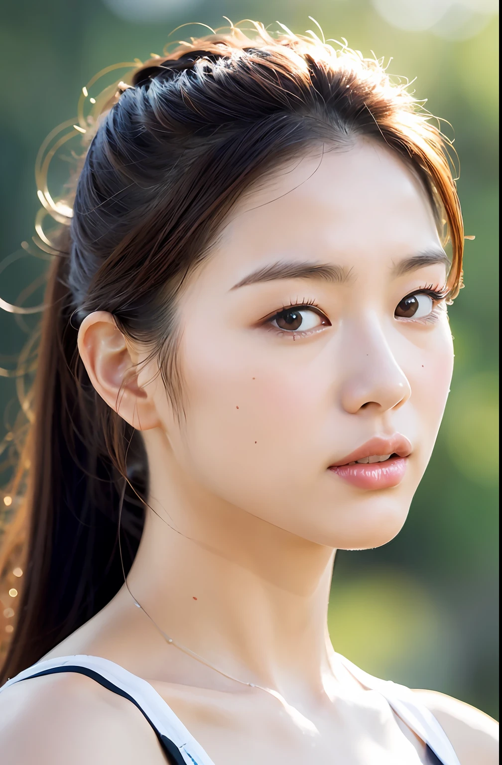 ( (8K:1.27), Best Quality, Masterpiece, Ultra High Resolution:1.2) Photo Beautiful Chinese Woman (Beauty:1.1) (Sports Bratures:1.21) Gregg Rutkowski and Alphonse Mucha design intricate elegance, fantasy, detail, geometry, gradient lighting, 1girl, delicate skin, looking at the viewer, brown eyes, (high ponytail: 1.2), (medium breast: 1.0), (medium areola: 0.8), (Photorealistic:1.4), (Best Quality:1.0), (Ultra High Resolution:1.0), 8K, RAW Photo, (Masterpiece:0.2), (pureerosface_v1:0.5)