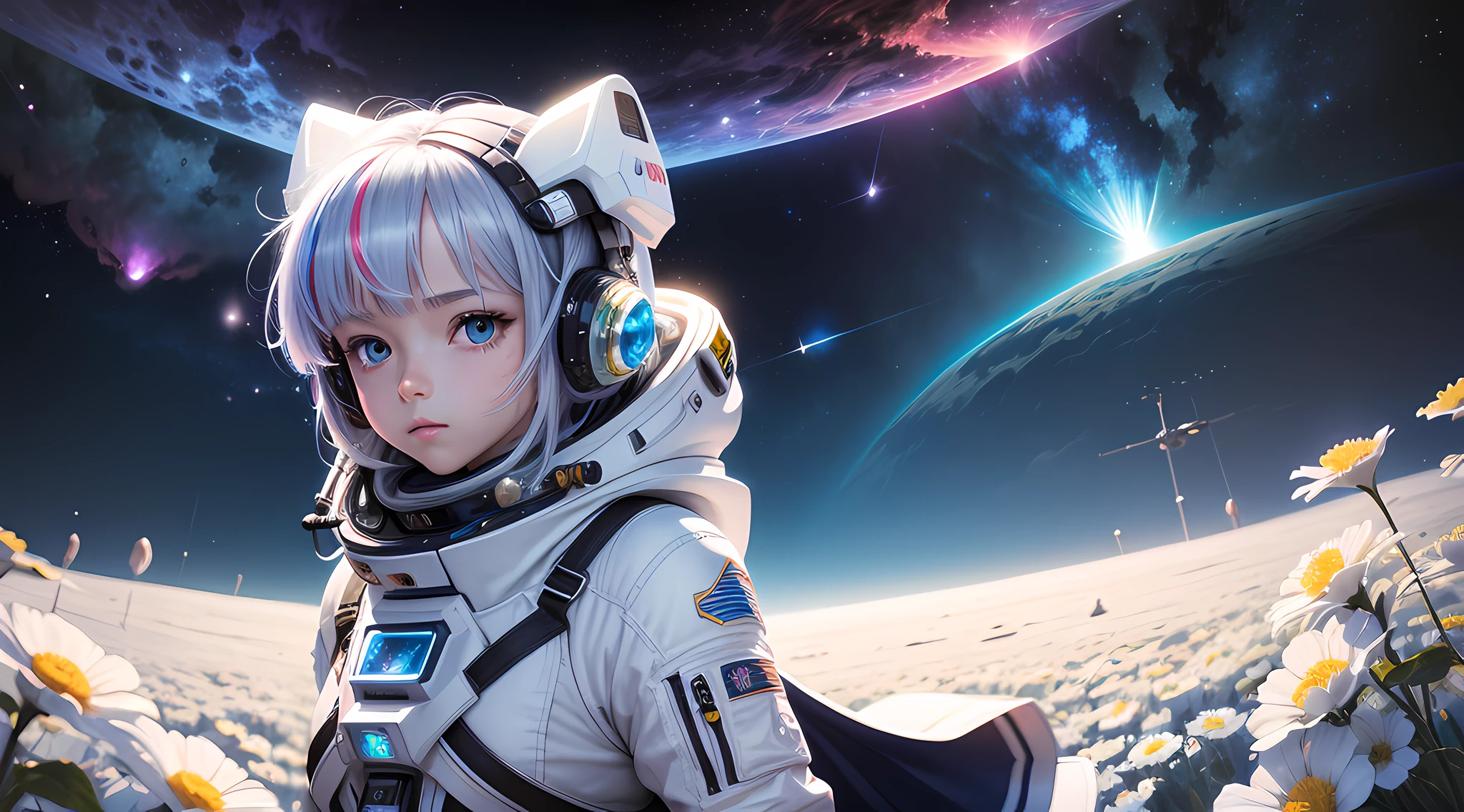 （tmasterpiece，Best quality 1 girl，Spacesuit，starrysky，feeling of solitude，Future space station，afloat，richcolors，Blooming white flowers，Ray traching，volumettic light（Reflectors），Star eyes，Comet streaked by