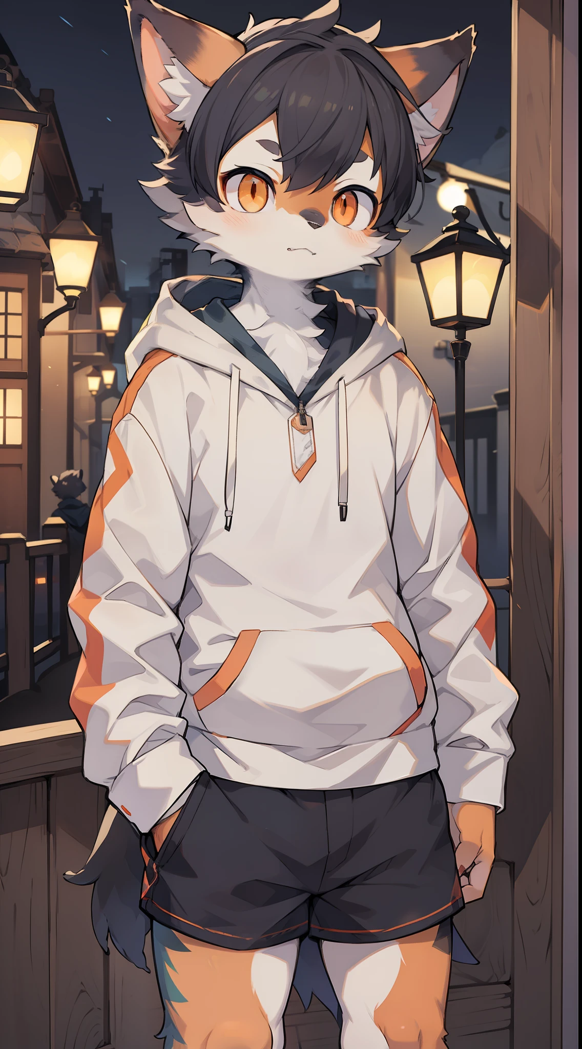 Shota,Furry,Cute,Lovely,Navy blue fur,White ears,Orange eyes,Hoodie,Gray shorts,Cold lamps,Night,Fantastic shadow light