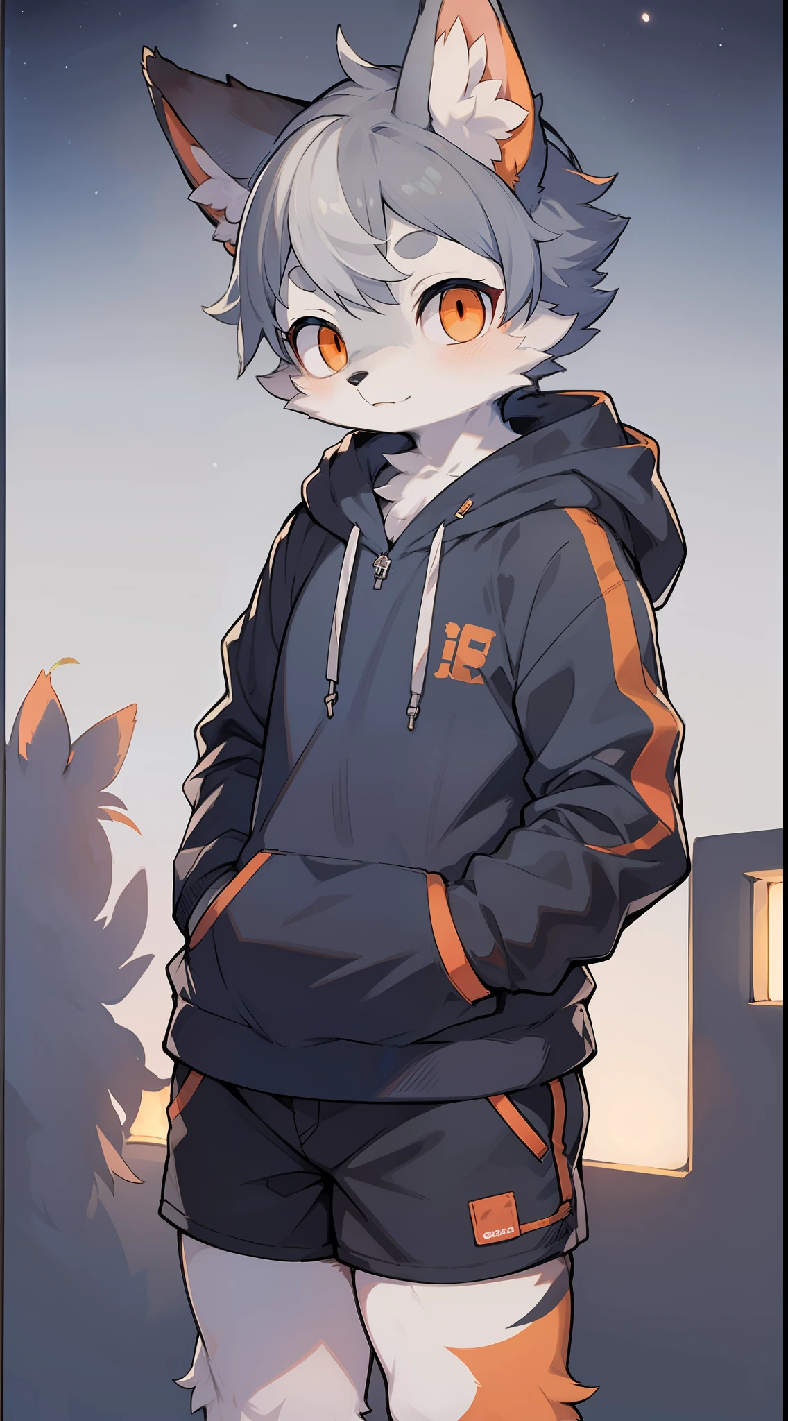 Shota,Furry,Cute,Lovely,Navy blue fur,White ears,Orange eyes,Hoodie,Gray shorts,Cold lamps,Night,Fantastic shadow light