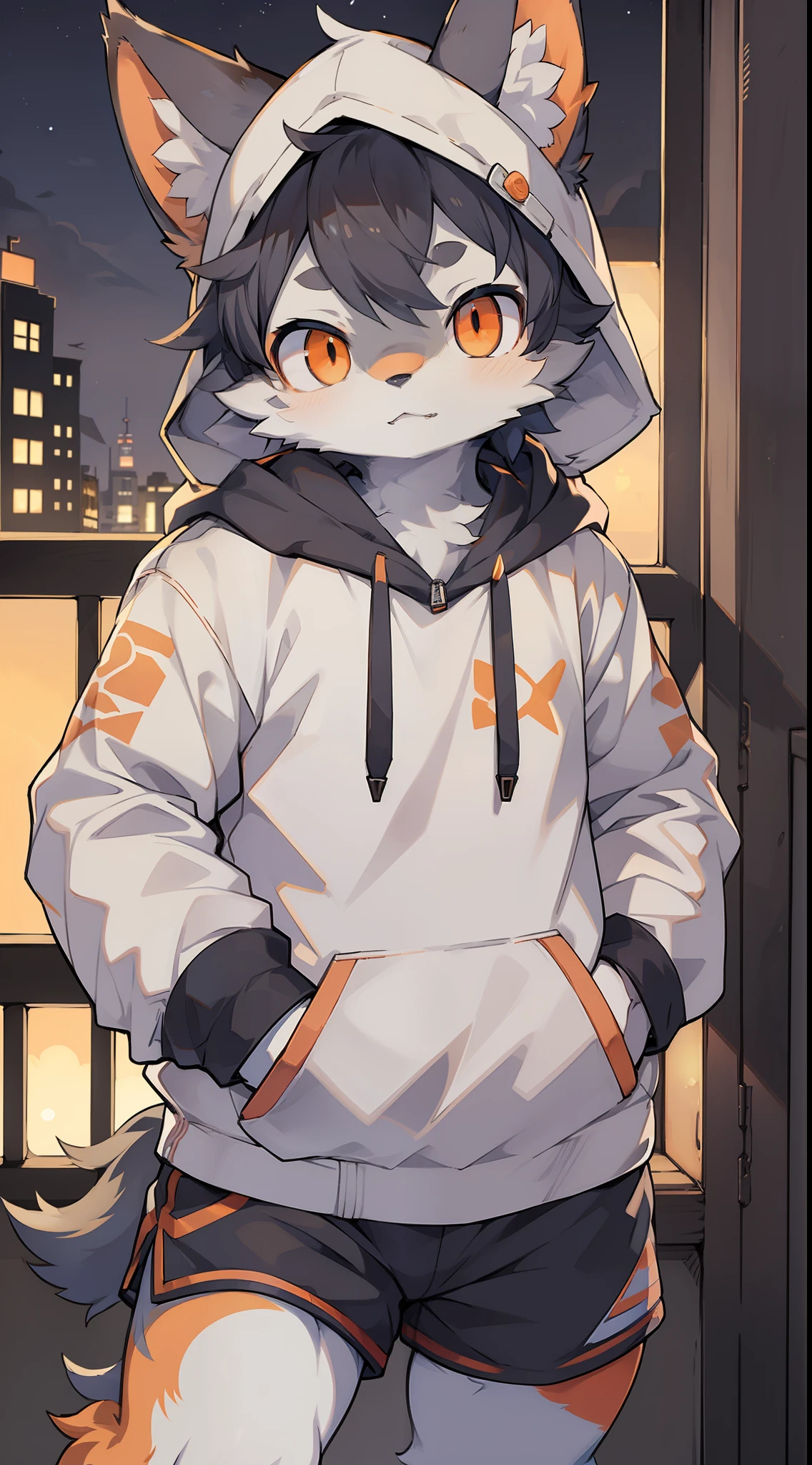 Shota,Furry,Cute,Lovely,Navy blue fur,White ears,Orange eyes,Hoodie,Gray shorts,Cold lamps,Night,Fantastic shadow light