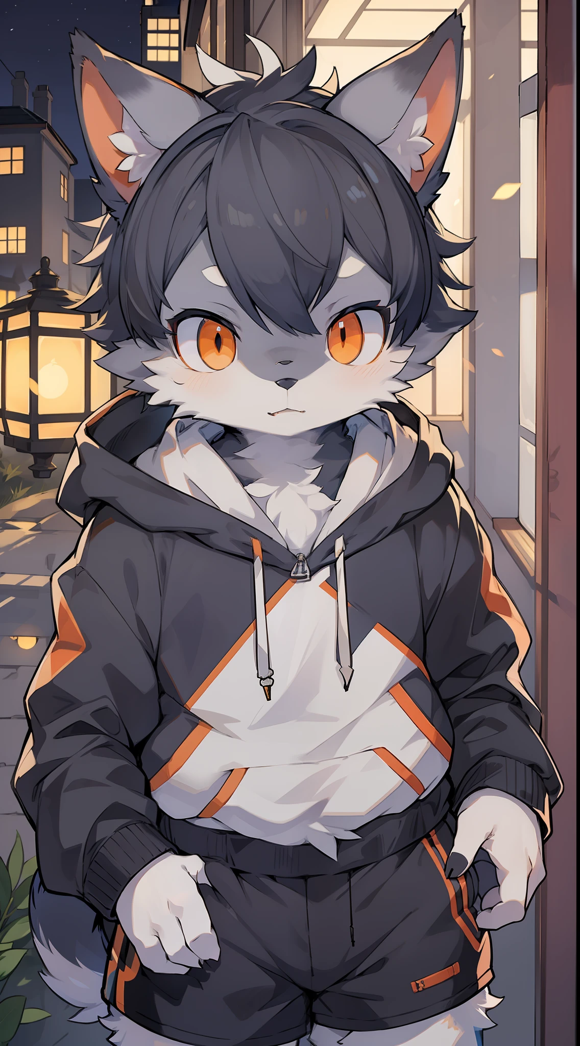 Shota,Furry,Cute,Lovely,Navy blue fur,White ears,Orange eyes,Hoodie,Gray shorts,Cold lamps,Night,Fantastic shadow light