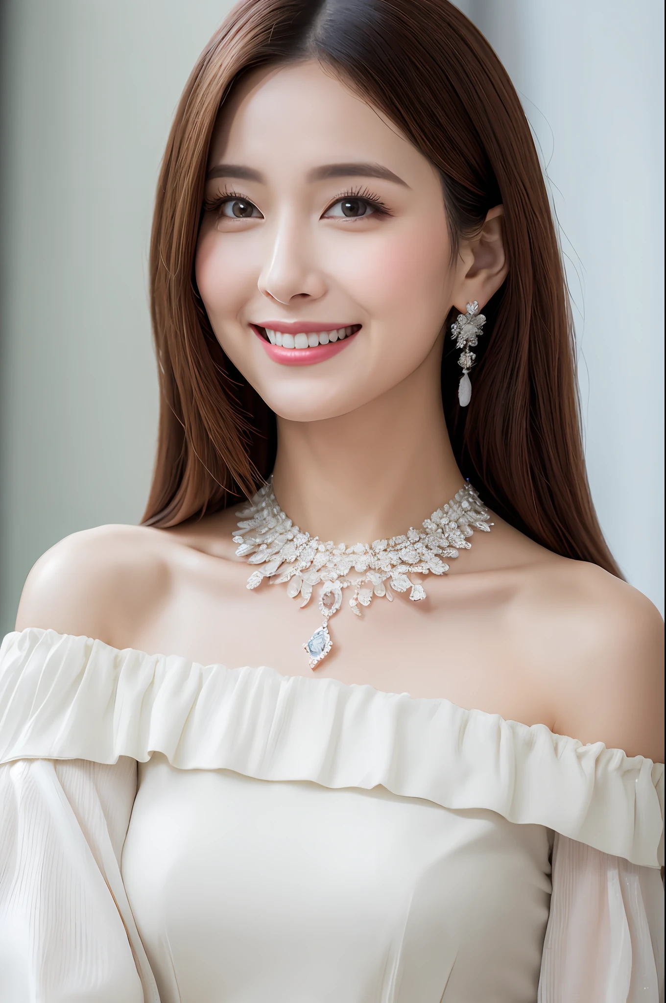 (Solo:1.3),8K, Best quality, Masterpiece, Realistic, Super detail, f/1.2, 85mm, Nikon, Smiling woman with shiny hair, Natural makeup, white off-shoulder tops,Ruffled sleeves, Diamond pendant necklace