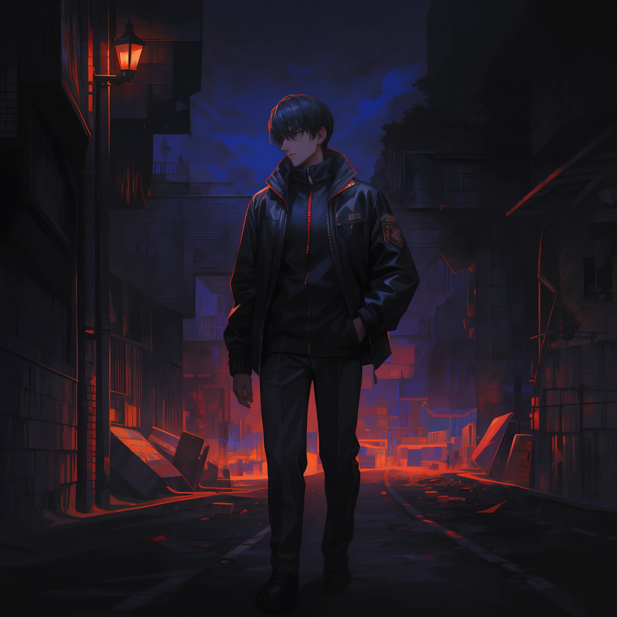 Um homem, wearing a black jacket with zipper closed, sentado em um muro de concreto na rua central de uma cidade grande, It's a very dark night, but it has pole lighting