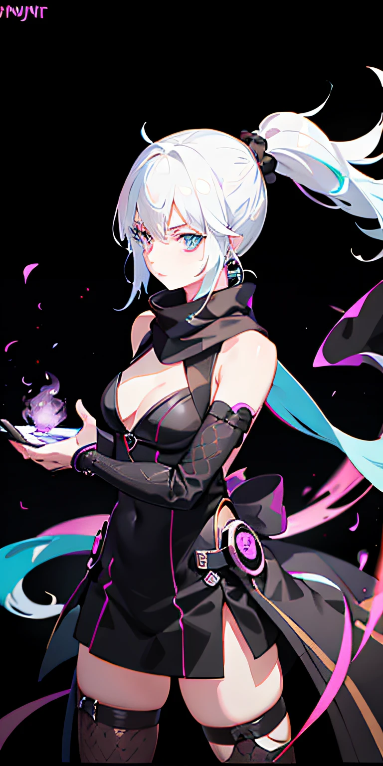 1girl,Wallpapers,White-haired ponytail，Purple pupils，（ninjartist）,Wearing black ninja clothes,The right hand holds a short sword,Hold the magic array in his left hand,Mid-chest with scarf,Magic array background,Cyan light particles surround，Decorated with eye-catching green fire。